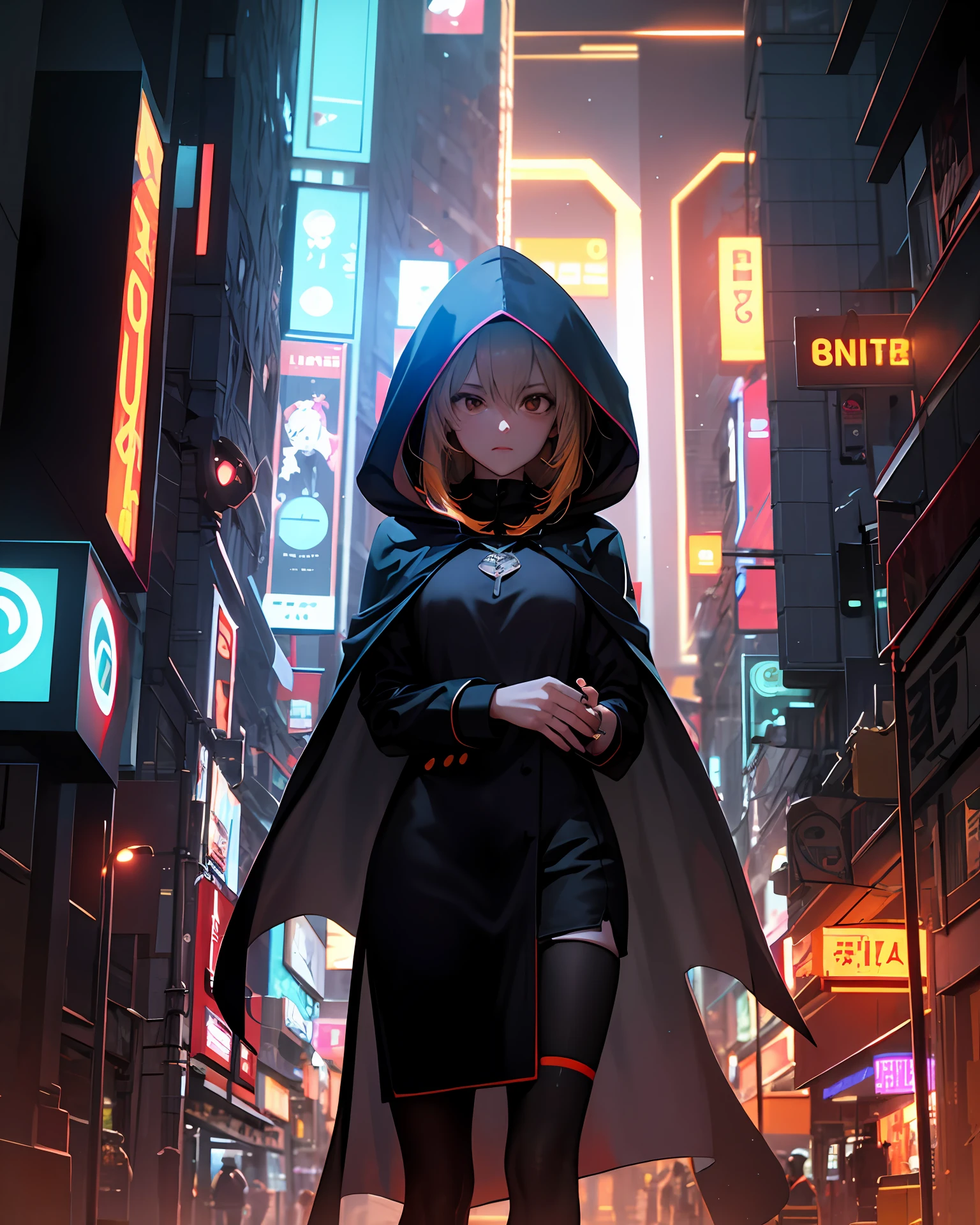 （hyper realisitc：1.3），（particulate：0.8），natural  lightting，Cidade futuristica，（rained：1.3），（covert：1.3），（mist：1.2），red lights，orange lights，Blue lights and girls，Big chest，long whitr hair，Cloak with hood，Light sign，Cyberpunk costumes，red lights，orange lights，（Electric Colors：0.7）