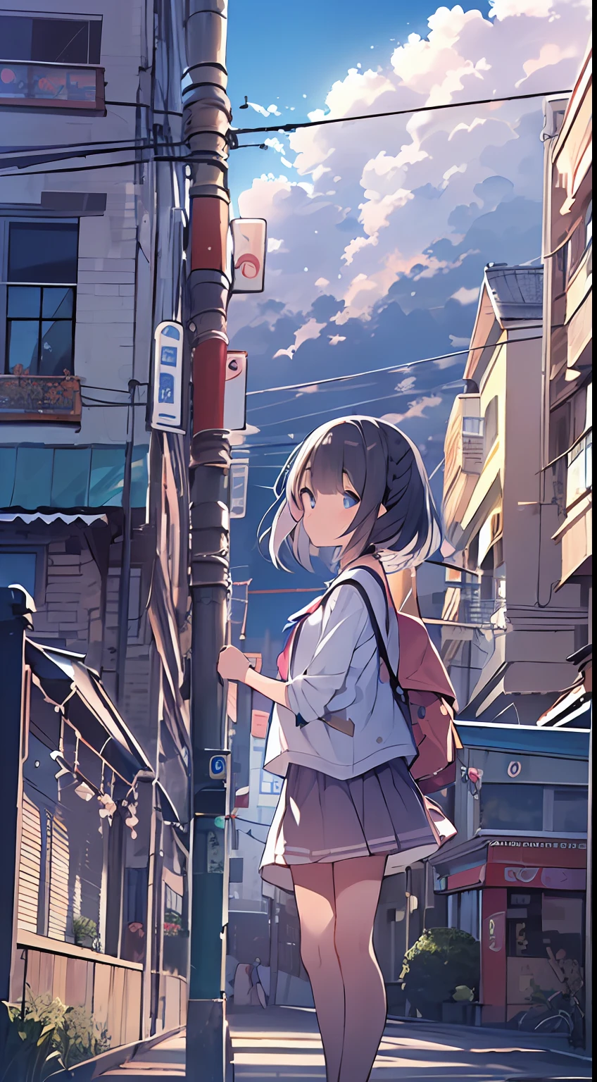 masutepiece, Best Quality,Illustration, Wallpaper, Ultra Detail, absurderes, 1****, Solo, (Medium short hair、short braided hair), Beautiful detailed eyes , (Street), luminous sky,(a panoramic view:1.3),(Sense of depth:1.5),(longshot:1.3)