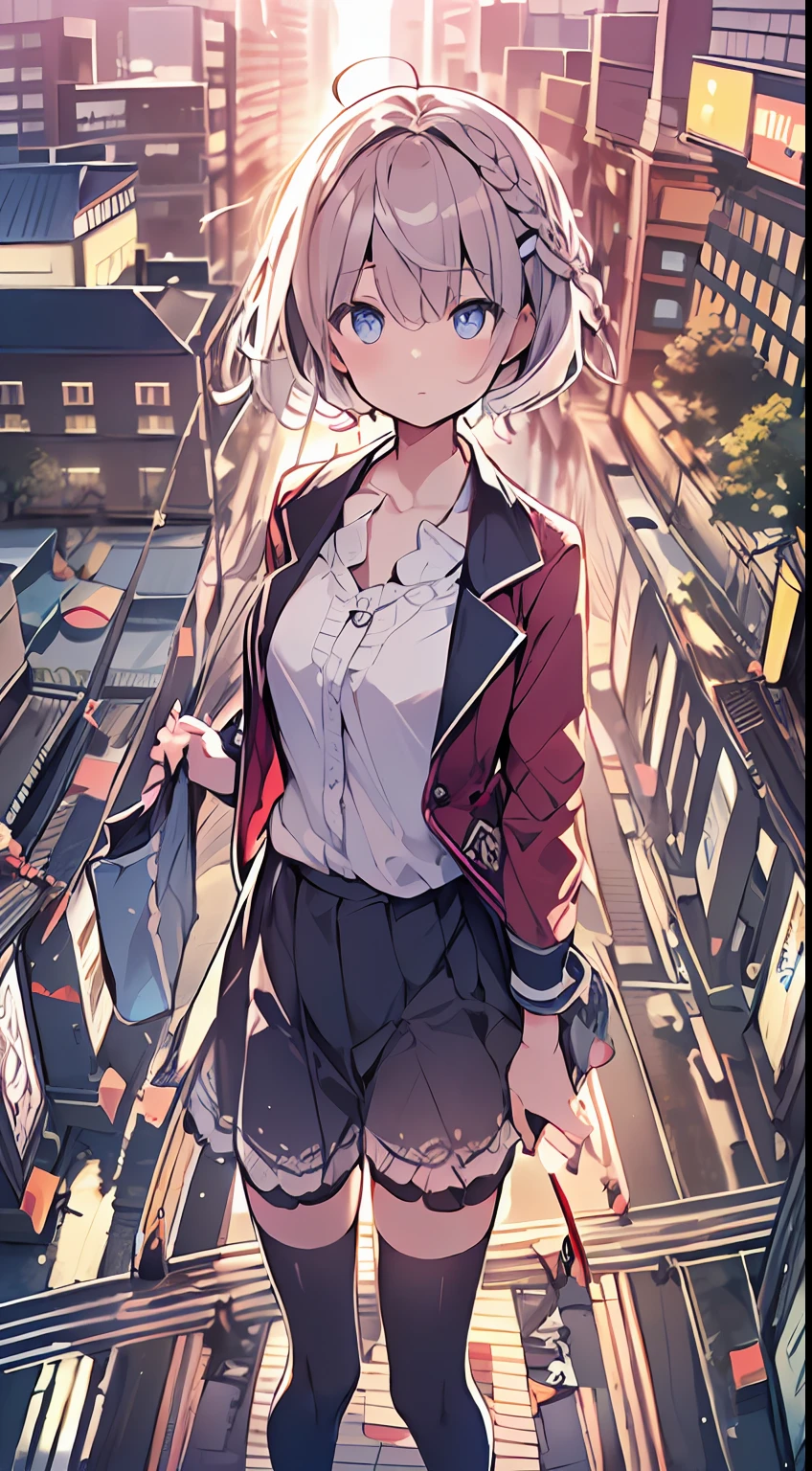 masutepiece, Best Quality,Illustration, Wallpaper, Ultra Detail, absurderes, 1loli, Solo, (Medium short hair、short braided hair), Beautiful detailed eyes , (Street), luminous sky,(a panoramic view:1.3),(Sense of depth:1.5),(longshot:1.3)