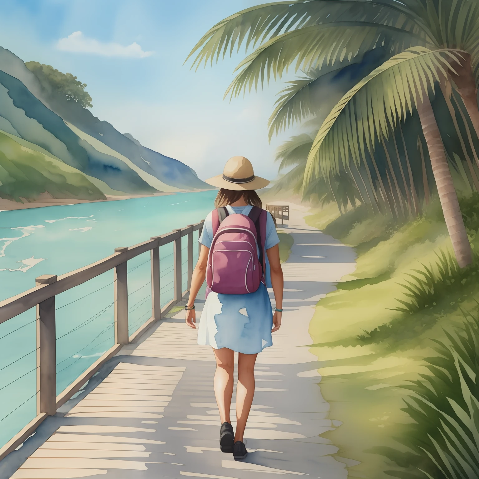 A watercolor painting of a woman with a backpack and a map walks along a boardwalk, ao fundo mar com palmeiras