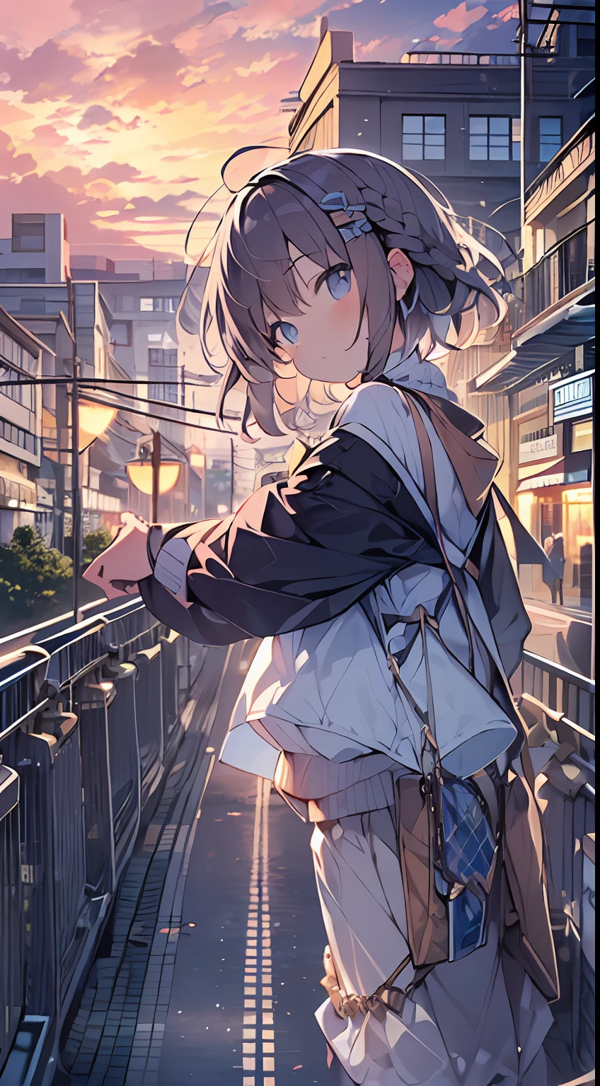 masutepiece, Best Quality,Illustration, Wallpaper, Ultra Detail, absurderes, 1loli, Solo, (Medium short hair、short braided hair), Beautiful detailed eyes , (Street), luminous sky,(a panoramic view:1.3),(Sense of depth:1.5),(longshot:1.3)