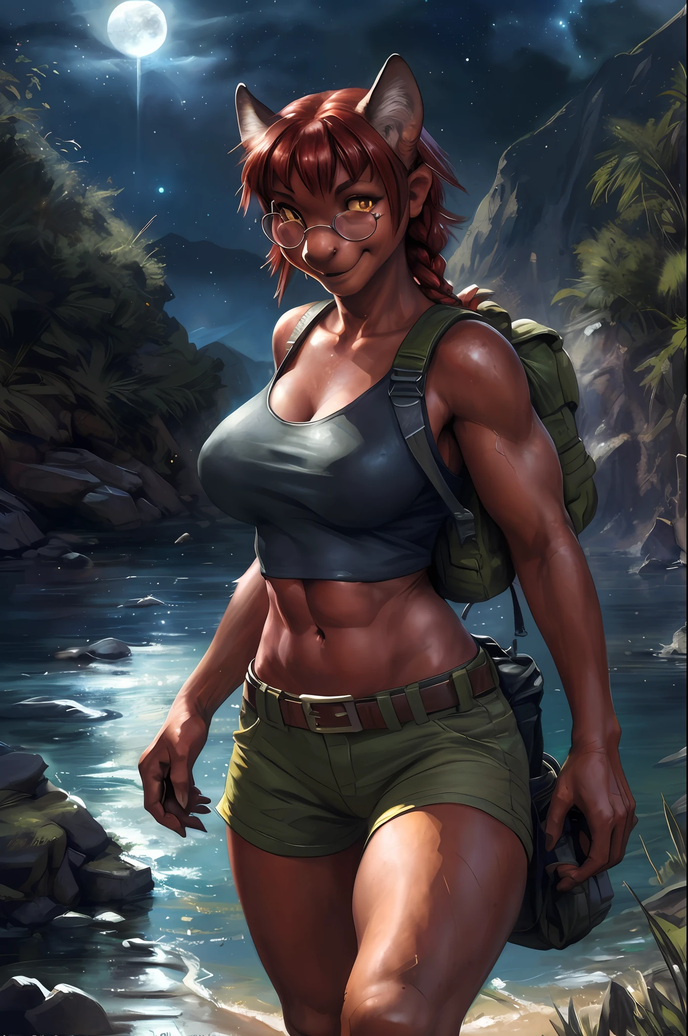 solo, (beautiful female:1.4), (Meru, Merunyaa),  ( fit, abs), busty, big erect breasts, erect nippleslips,  slim waist,  (red hair),  ( Meru | Lara Croft ), (((female))),  red body,  (kemono), red skin, short horns, Half-nude, 
( khaki shorts ), lightblue crop top, ( two pistols-gans on hips ), wide belt, long braid, ( (red) round glasses :1.2), (red glasses), ( small backpack on her back:1.2), army boots, leather straps on hips and biceps,   e621, (female body),  slim sports body, 
 cameltoe,  (body portrait), [slim swimsuit],             
(detailed eyes, detailed pupils, yellow eyes, glowing eyes),
(outdoors),   ocean beach, night, (particles ,firefly, blue glowing), seeker of adventures,
detailed background, photorealistic, realistic hands, 8k HD,
(dark shadows, wide dynamic range, hdr, low light:1.2),
by (by Pino Daeni, (by ruaidri), (by virtyalfobo), (by Kenket). by iskra, by darkgem, by Merunyaa,