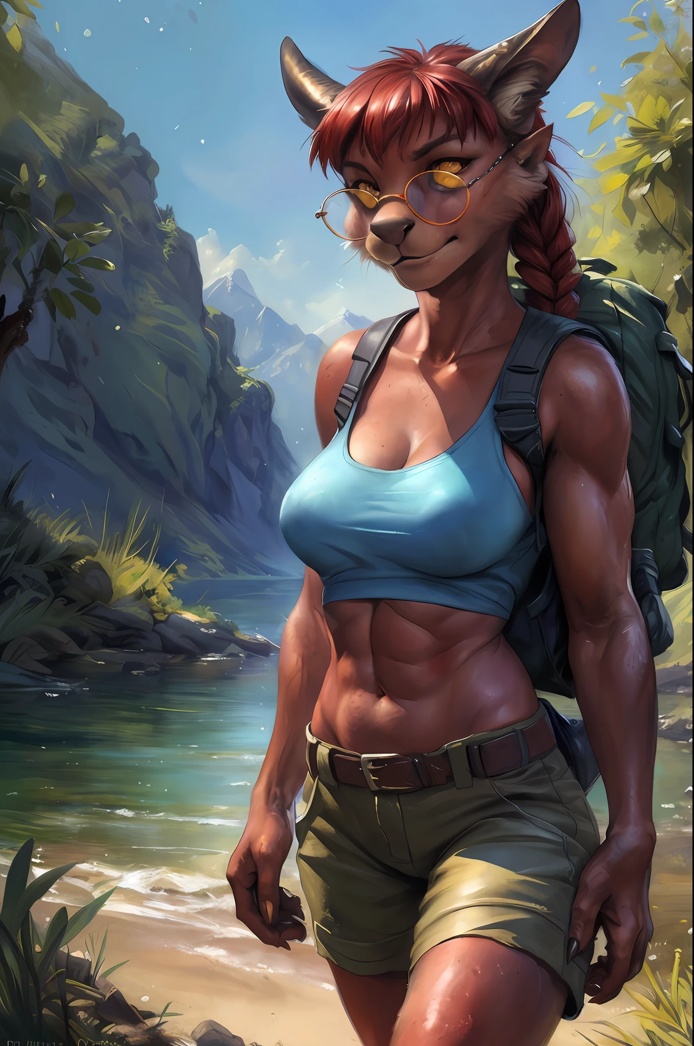 solo, (beautiful female:1.4), (Meru, Merunyaa),  ( fit, abs), busty, big erect breasts, erect nippleslips,  slim waist,  (red hair),  ( Meru | Lara Croft ), (((female))),  red body,  (kemono), red skin, short horns, Half-nude, 
( khaki shorts ), lightblue crop top, ( two pistols-gans on hips ), wide belt, long braid, ( (red) round glasses :1.2), (red glasses), ( small backpack on her back:1.2), army boots, leather straps on hips and biceps,   e621, (female body),  slim sports body, 
 cameltoe,  (body portrait), [slim swimsuit],             
(detailed eyes, detailed pupils, yellow eyes, glowing eyes),
(outdoors),   ocean beach, night, (particles ,firefly, blue glowing), seeker of adventures,
detailed background, photorealistic, realistic hands, 8k HD,
(dark shadows, wide dynamic range, hdr, low light:1.2),
by (by Pino Daeni, (by ruaidri), (by virtyalfobo), (by Kenket). by iskra, by darkgem, by Merunyaa,