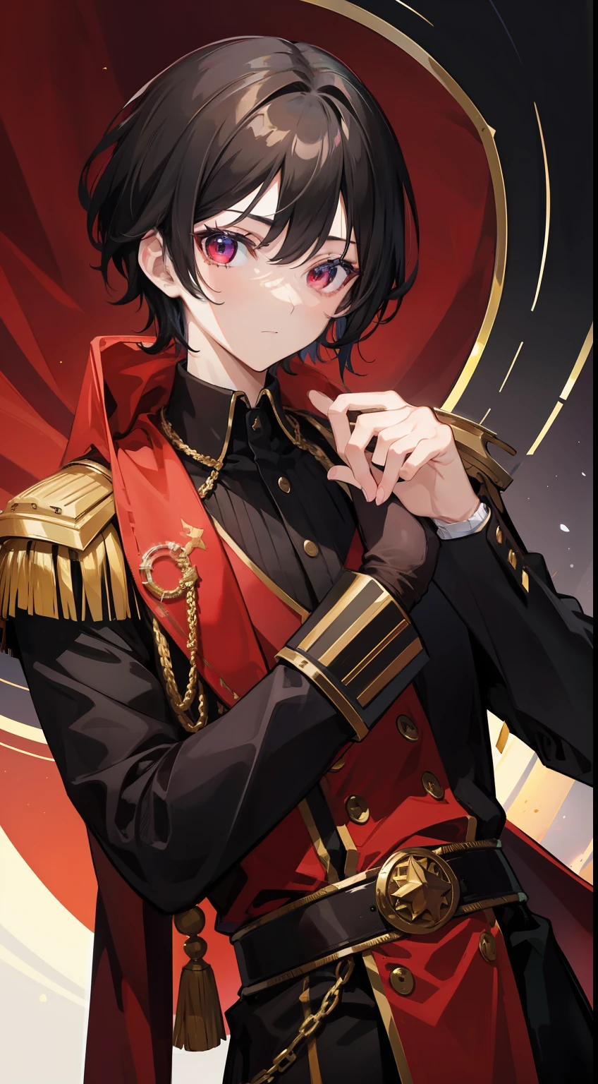 Young guy, short black hair, The eyes are red, Royal Uniform, The Infinity Gauntlet, Masterpiece, hiquality