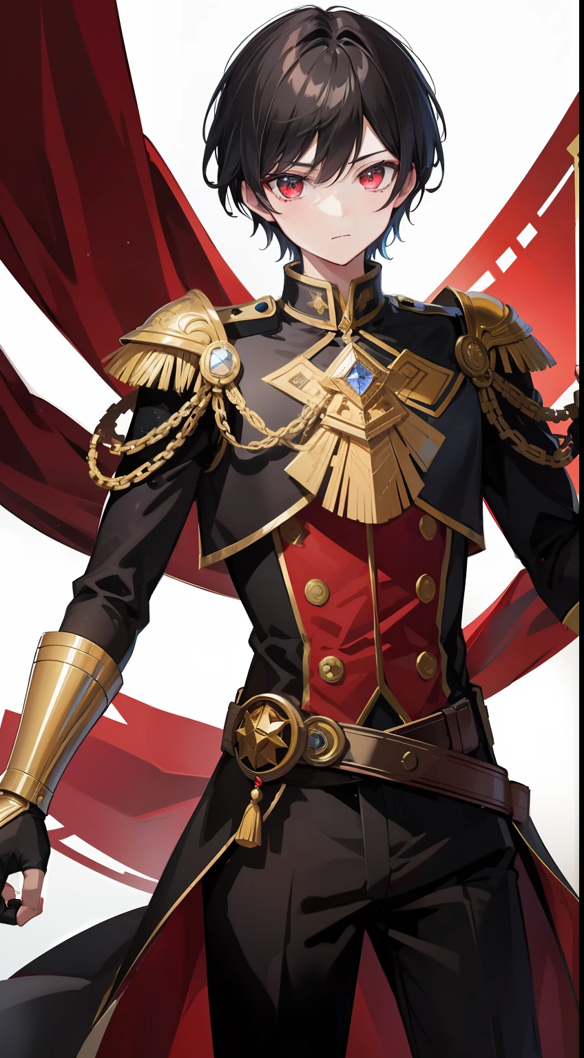Young guy, short black hair, The eyes are red, Royal Uniform, The Infinity Gauntlet, Masterpiece, hiquality
