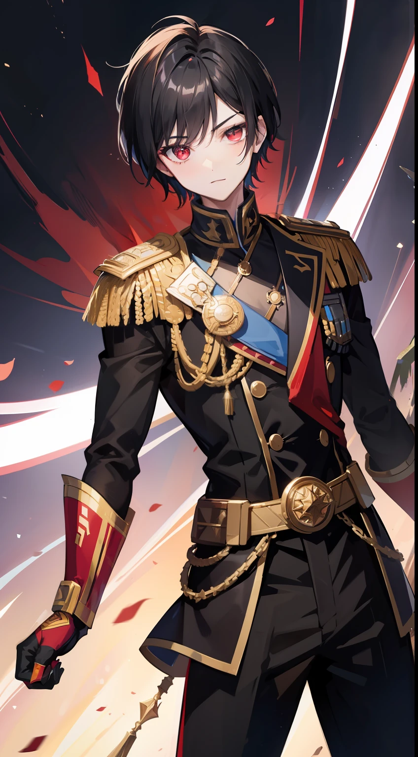 Young guy, short black hair, The eyes are red, Royal Uniform, The Infinity Gauntlet, Masterpiece, hiquality