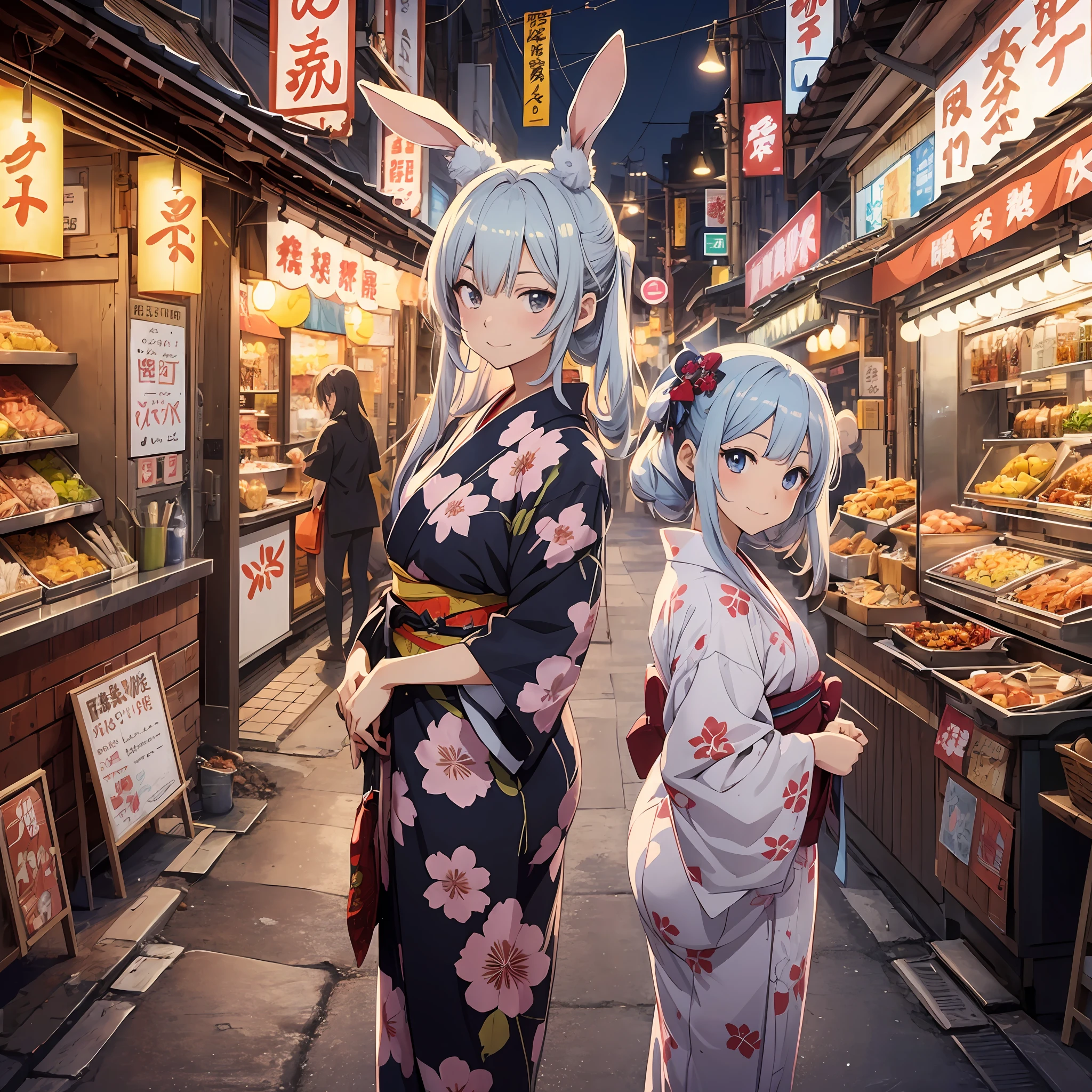 (((Anime style.1.4)))Rabbit-eared girl Japanese Yukata a smile natta Midnight food stand
