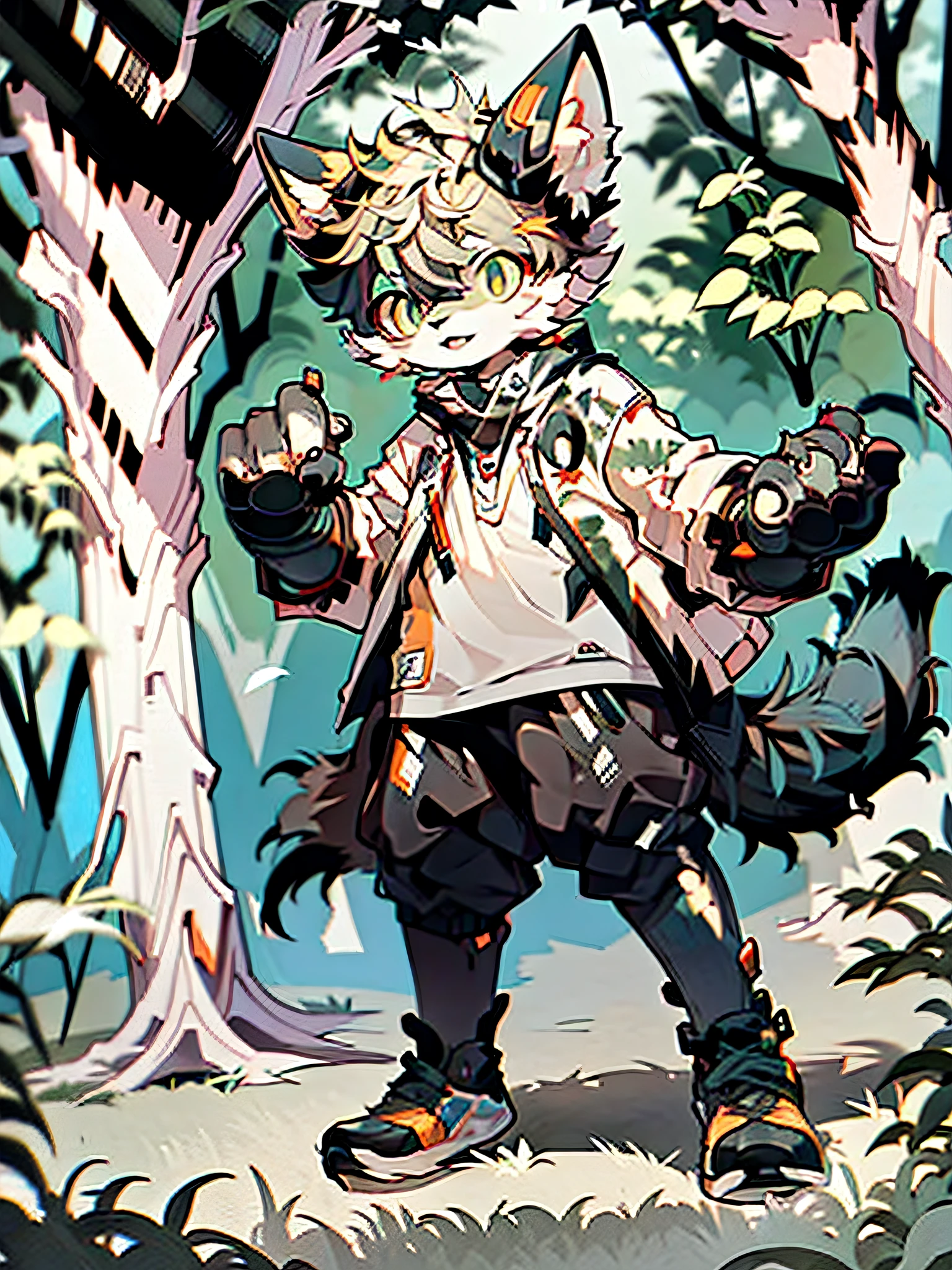 Furry cat forelimb turned hands hind limb leg and foot standing Shota Little boy Overall white head, arms, body and legs with bluish black pattern All over the body with pink flesh pads Eyes pupil blue Furry No clothing Two ears In the forest