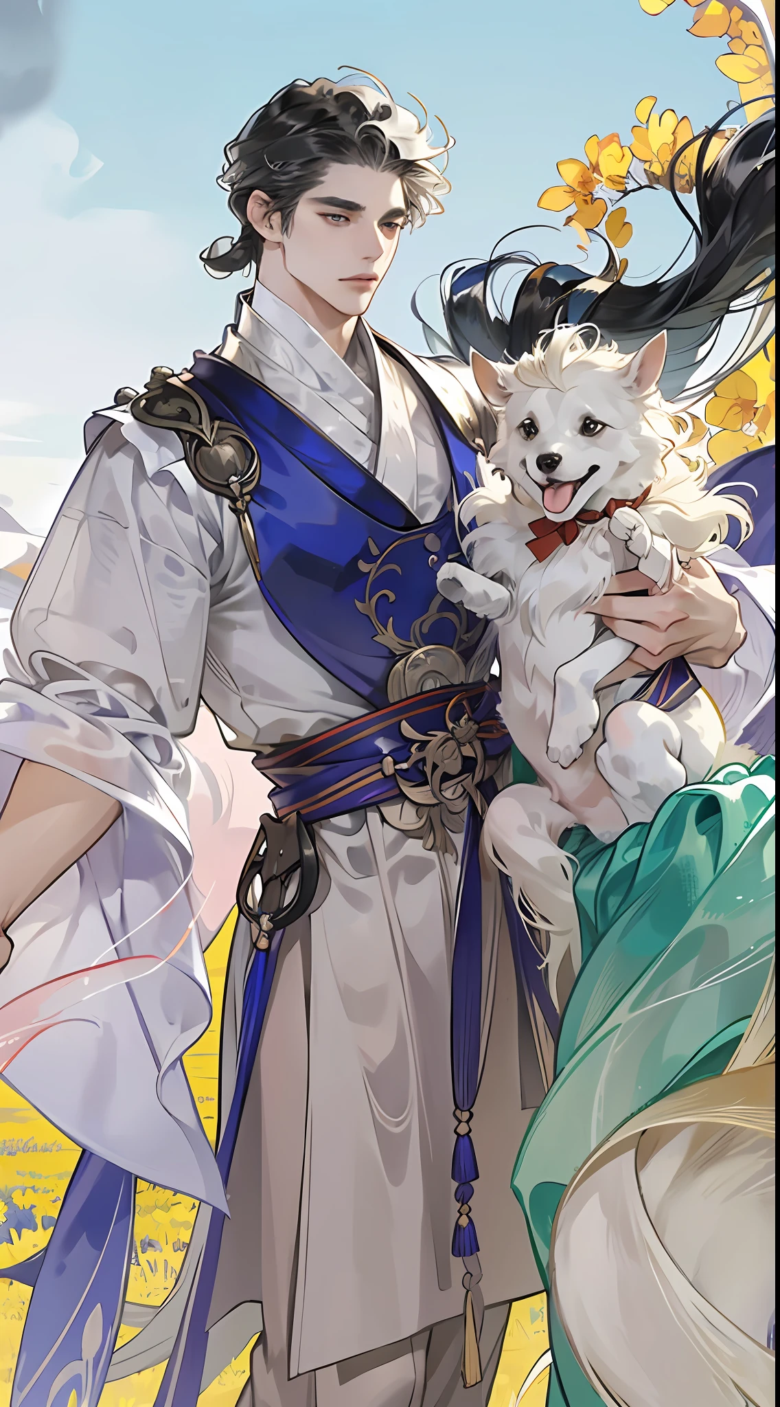 Men and women in light gauze Han clothes(two guys),(Man holding a dog),horse tailed,Gray eyeballs,texture detail,Glowing skin,suns,Wind surrounds,Motion blur background,looks into camera,ink wash style,8k,super detailing,tmasterpiece,best qualtiy