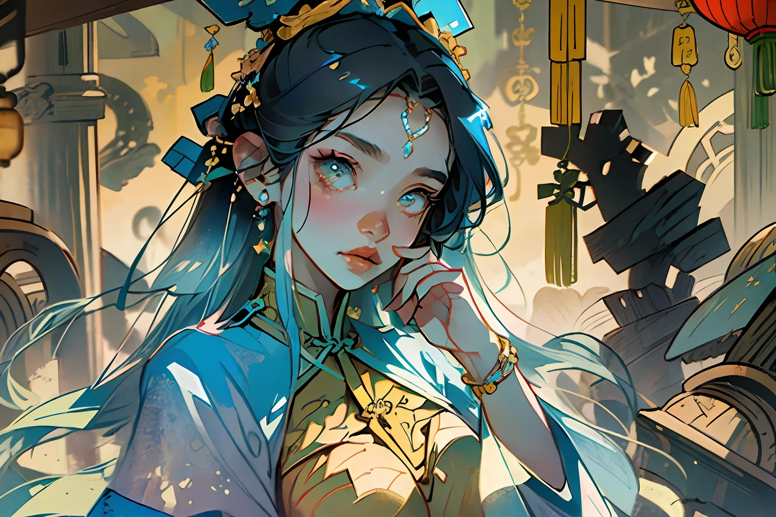 best quality,4K,solo,(anime:1.2),(big nipple:1.2),male people,(youth:1.2),There are earrings on the ears,Have a bracelet on your wrist,,Ancient Chinese style,(upper body:0.5), (bare shoulder:0.8), long hair, (fair skin:1.5),Half blue tone,Half yellow tone,bust