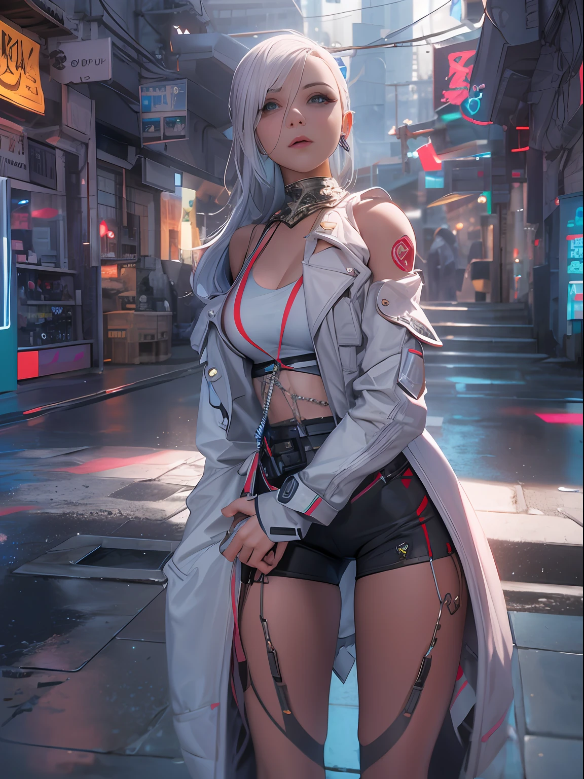 3D, A beautiful cyberpunk female image,hdr（HighDynamicRange）,Ray traching,NVIDIA RTX,Hyper-Resolution,Unreal 5,Subsurface scattering、PBR Texture、post-proces、Anisotropy Filtering、depth of fields、maximum definition and sharpness、Many-Layer Textures、Albedo e mapas Speculares、Surface coloring、Accurate simulation octane rendering of light-material interactions、Two-colored light、largeaperture、Low ISO、White balance、the rule of thirds、8K raw data、blackstockings