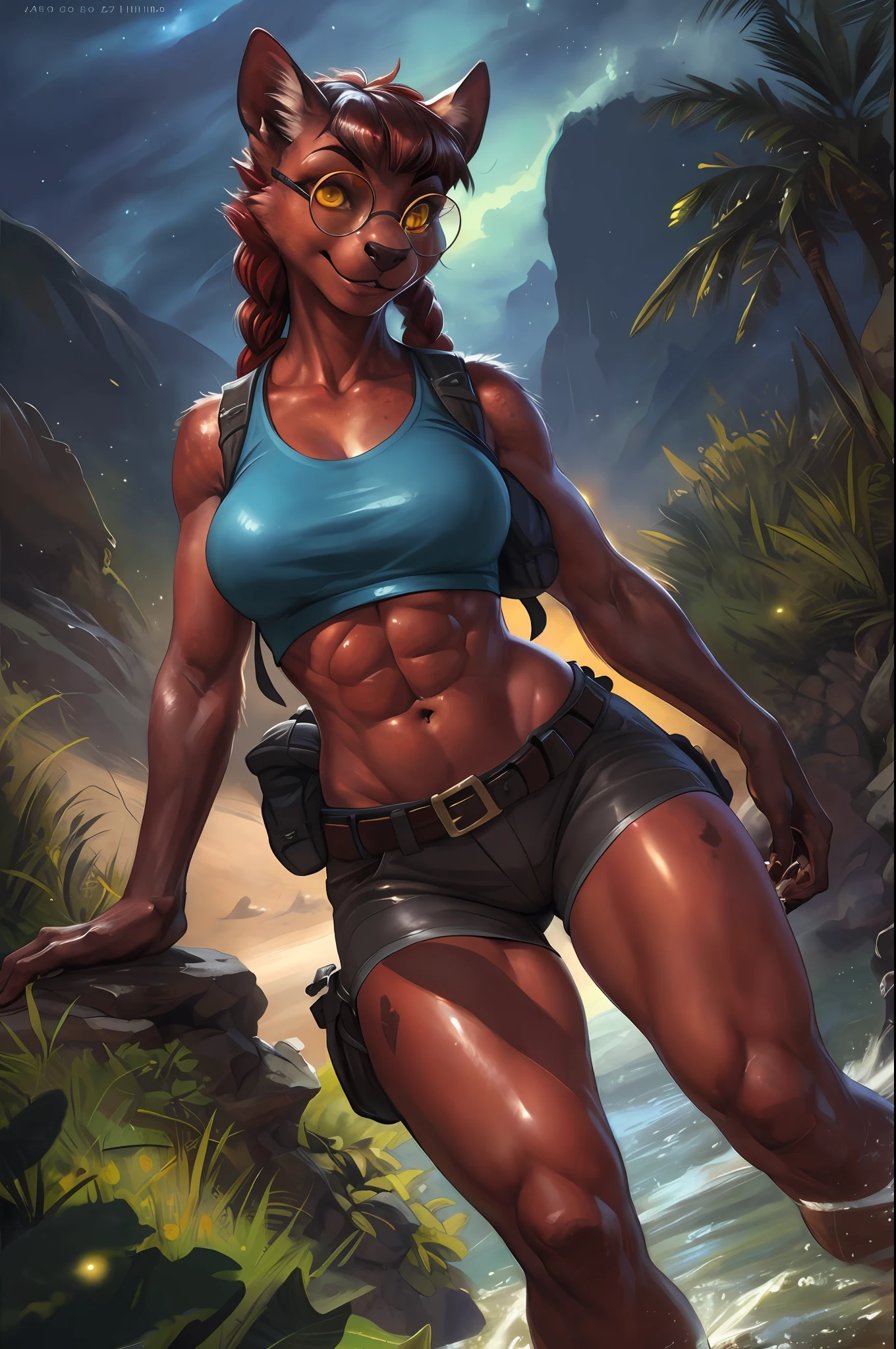 solo, (beautiful female:1.4), (Meru, Merunyaa),  ( fit, abs), busty, big erect breasts, erect nippleslips,  slim waist,  (red hair),  ( Meru | Lara Croft ), (((female))),  red body,  (kemono), red skin, short horns, Half-nude, 
( khaki shorts ), lightblue crop top, ( two pistols-gans on hips ), wide belt, long braid, ( (red) round glasses :1.2), (red glasses), ( small backpack on her back:1.2), army boots, leather straps on hips and biceps,   e621, (female body),  slim sports body, 
 cameltoe,  (body portrait), [slim swimsuit],             
(detailed eyes, detailed pupils, yellow eyes, glowing eyes),
(outdoors),   ocean beach, night, (particles ,firefly, blue glowing), seeker of adventures,
detailed background, photorealistic, realistic hands, 8k HD,
(dark shadows, wide dynamic range, hdr, low light:1.2),
by (by Pino Daeni, (by ruaidri), (by virtyalfobo), (by Kenket). by iskra, by darkgem