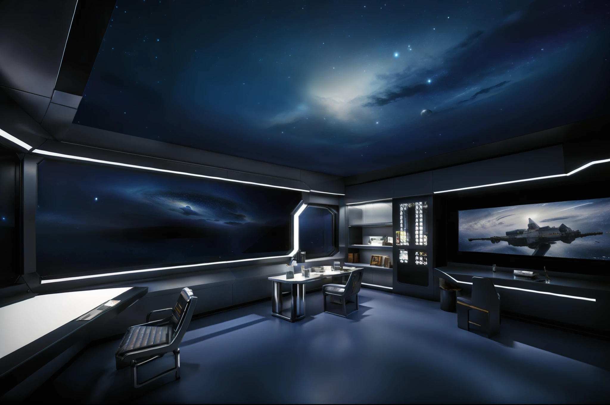 Inside the space station room in the universe，in a panoramic view，wide angles，extreme hight detail，inside in room，Space capsule，Tech panel screens and glass，Outside the glass is a view of the starry sky，a desk，a chair，interior setting，metal floor，janelas，dining room，metal gate，lamplight。
