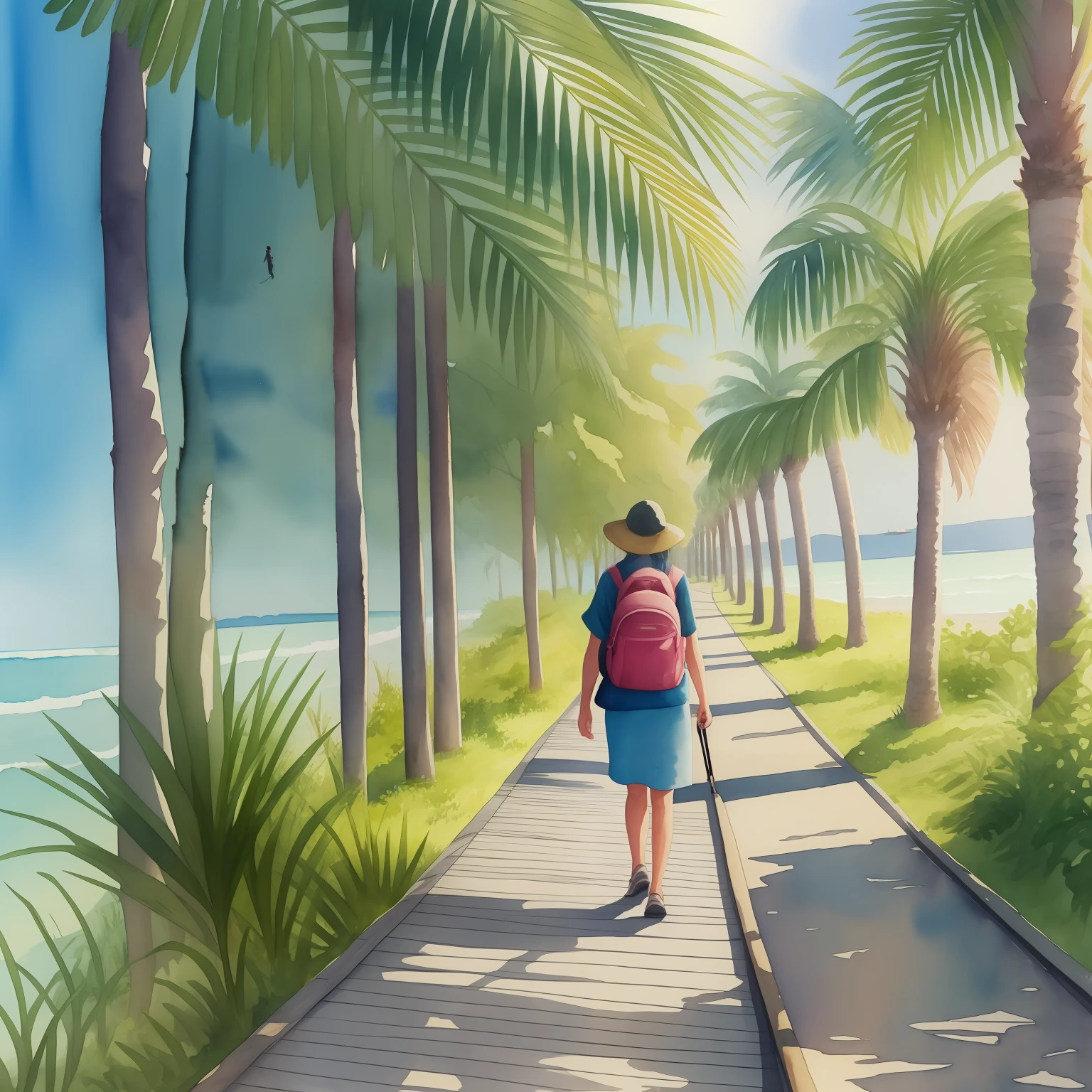 A watercolor painting of a woman with a backpack and a map walks along a boardwalk, ao fundo mar com palmeiras