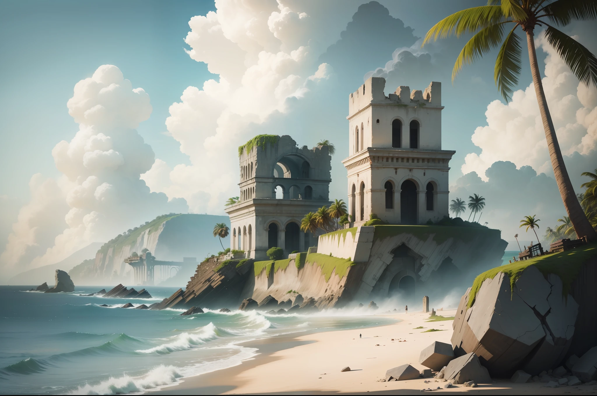 Close-up view of ruins by the sea,Wagas,smoke of gunpowder,smog,Gloomy day,Heads-up,frontage,Horizontal, Coconut Tree,tall plants