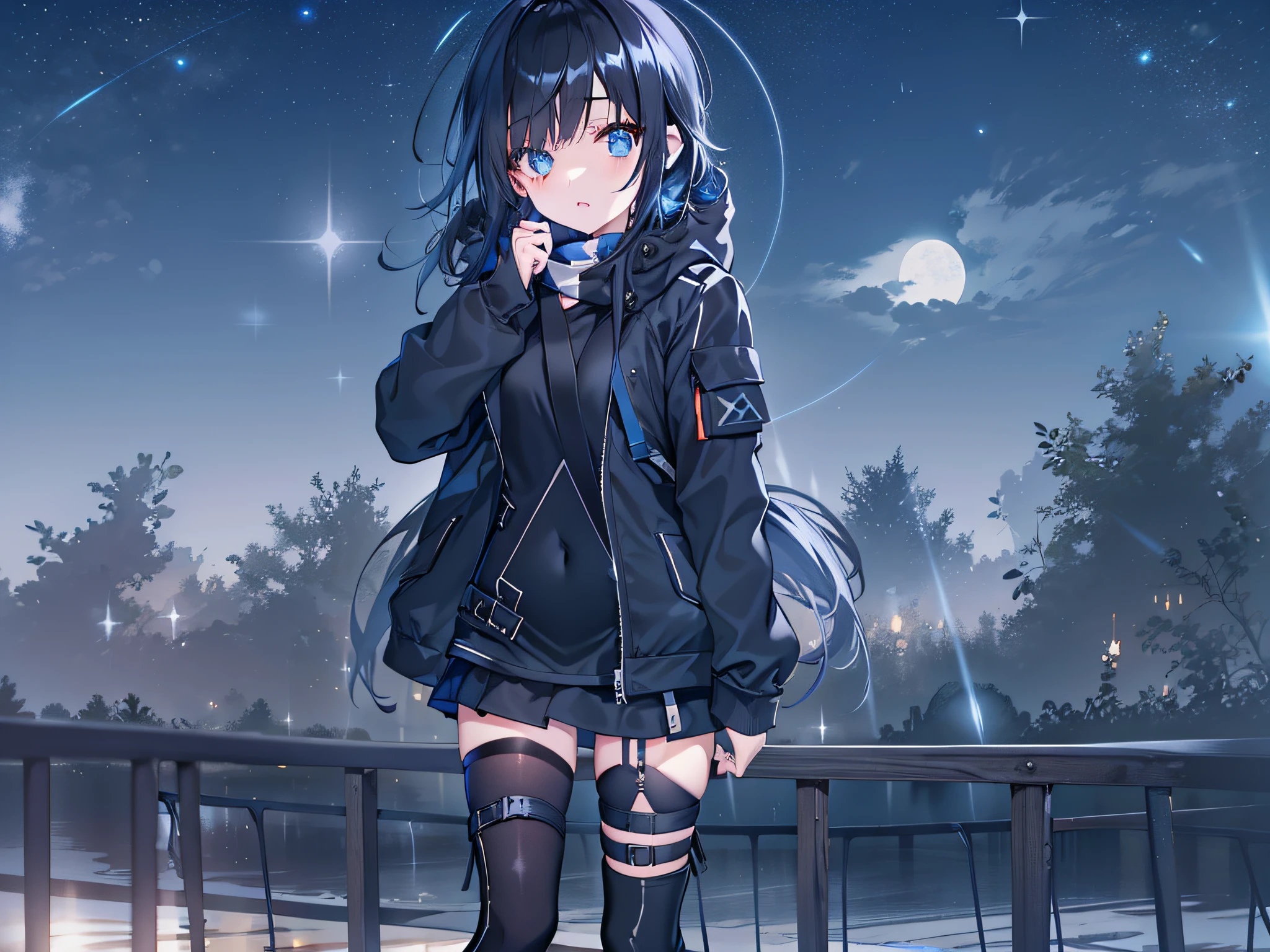 black pantyhoses,teens girl,Starry eyes,Black parka,starrysky,the night,Dark blue hair,side pony tail,long whitr hair,black knee boots,Hair covers one eye,asymmetricalbangs,Perfect female body,bit girl,Short stature,1girll