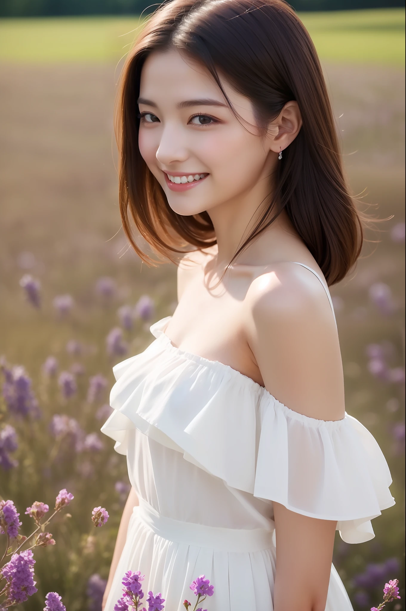 Best quality, masterpiece, ultra high res, (photorealistic:1.4), raw photo, 1girl, white dress, off shoulder, blossom violet flower field, glowing skin, light smile