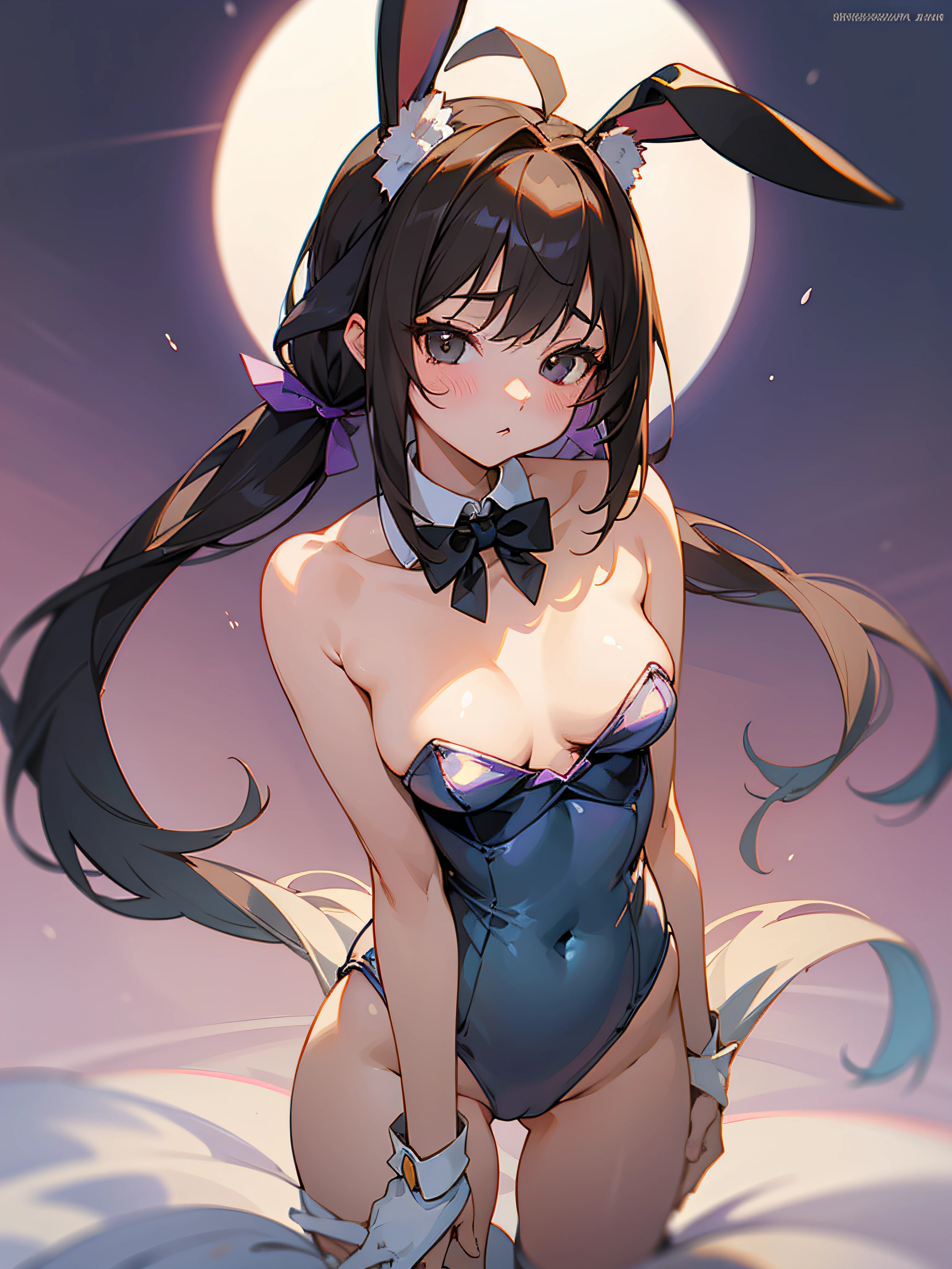 masterpiece、Top quality 1girl、playboy_bunny、bunnygirl、Shyness、Dark hair、black eyes、poneyTail、Admire Vega、Uma Musume、The tail is growing、Generate images that highlight the beauty of your lower body。not big breasts、small tits、Beautiful breasts