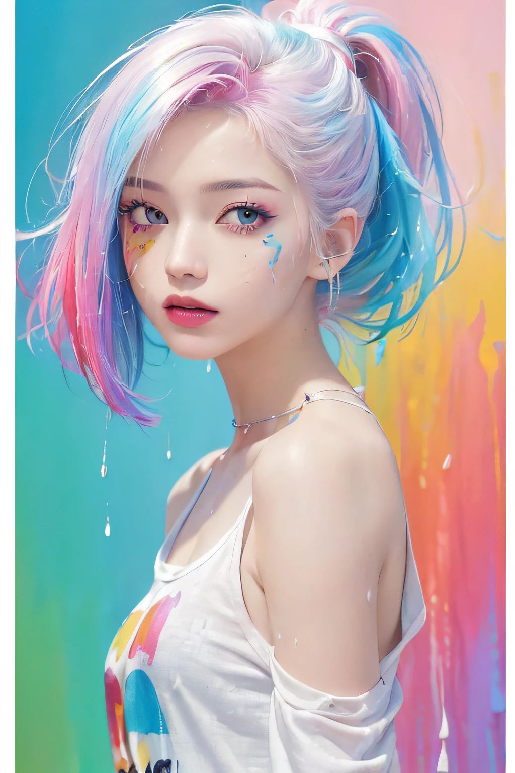 (Pink Fashion T-shirt:1.9),(Colorful hair: 1.8), (all the colours of the rainbow: 1.8),(((((vertical painting:1.6))), (painting:1.6),front, comics, illustrations, paintings, large eyes, crystal clear eyes,( rainbow color gradient high ponytail:1.7), exquisite makeup, closed mouth,(Small Fresh: 1.5),(Wipe Chest: 1.6) ,long eyelashes, white off shoulder T-shirt, White Shoulder Shirt,looking at the audience, large watery eyes, (rainbow colored hair:1.6), color splash, (solo:1.8), color splash, color explosion, thick paint style, messy lines, ((shining)),(colorful), (colorful), (colorful), colorful, Thick Paint Style, (Splash) (Color Splash), Vertical Painting, Upper Body, Paint Splash, Acrylic Pigment, Gradient, Paint, Highest Image Quality, Highest Quality, Masterpiece, Solo, Depth of Field, Face Paint, colorful clothes, (Elegant: 1.2), gorgeous,long hair, wind, (Elegant: 1.3), (Petals: 1.4),(((masterpiece))),(((best quality))),((ultra-detailed)),(illustration),(dynamic angle),((floating)),(paint),((disheveled hair)),(solo),(1girl) , (((detailed anima face))),((beautiful detailed face)),collar,bare shoulders,white hair, ((colorful hair)),((streaked hair)),beautiful detailed eyes,(Gradient color eyes),(((colorful eyes))),(((colorful background))),(((high saturation))),(((surrounded by colorful splashes))),