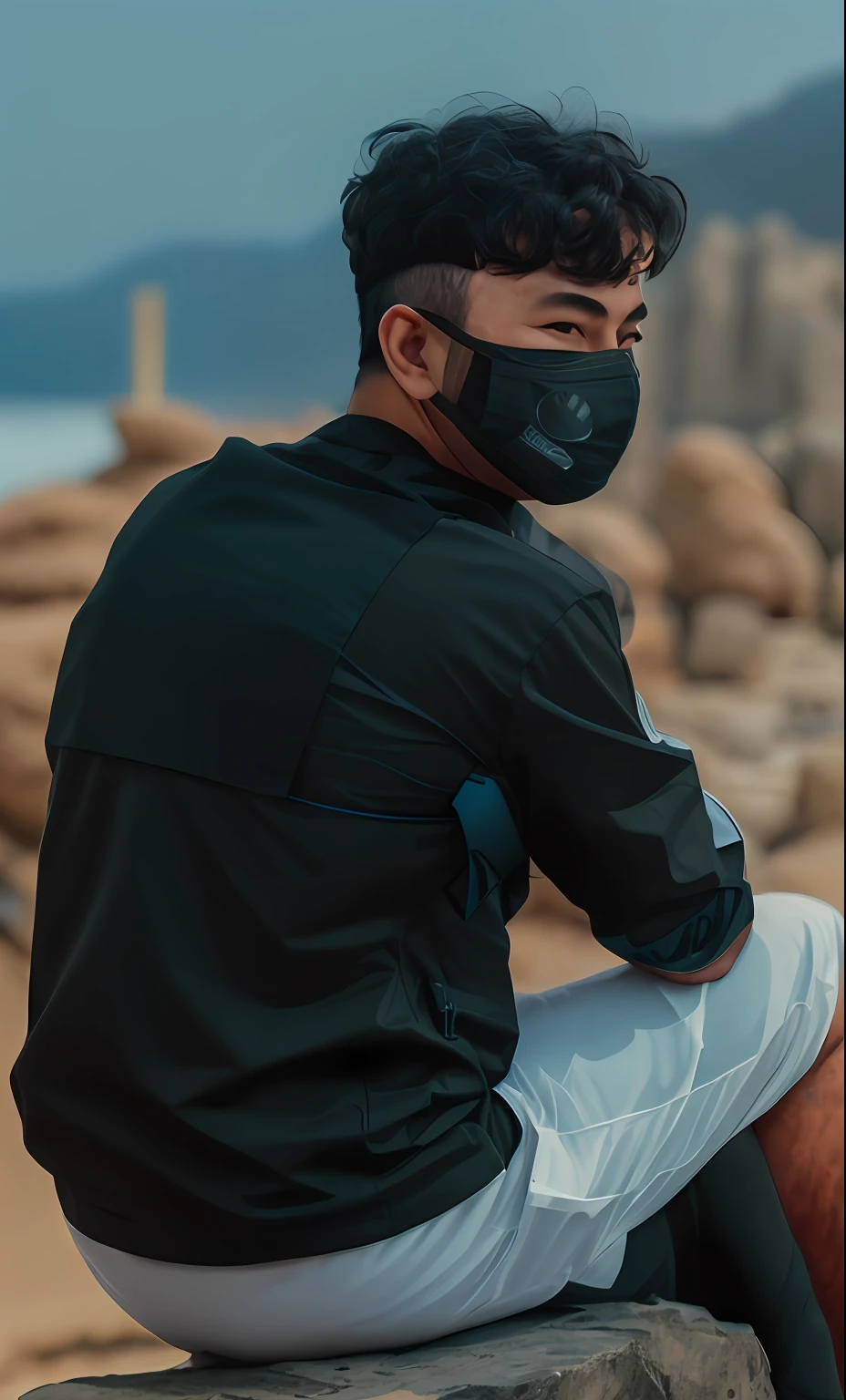 arafed man wearing a face mask sitting on a rock, smiling mask, wearing mask, wearing all black mempo mask, white man with black fabric mask, wearing a mask, wearing facemask, surgical mask covering mouth, black facemask, wearing bandit mask, facemask, portrait shot, one single mask, face mask, serene smile, portrait image, mask