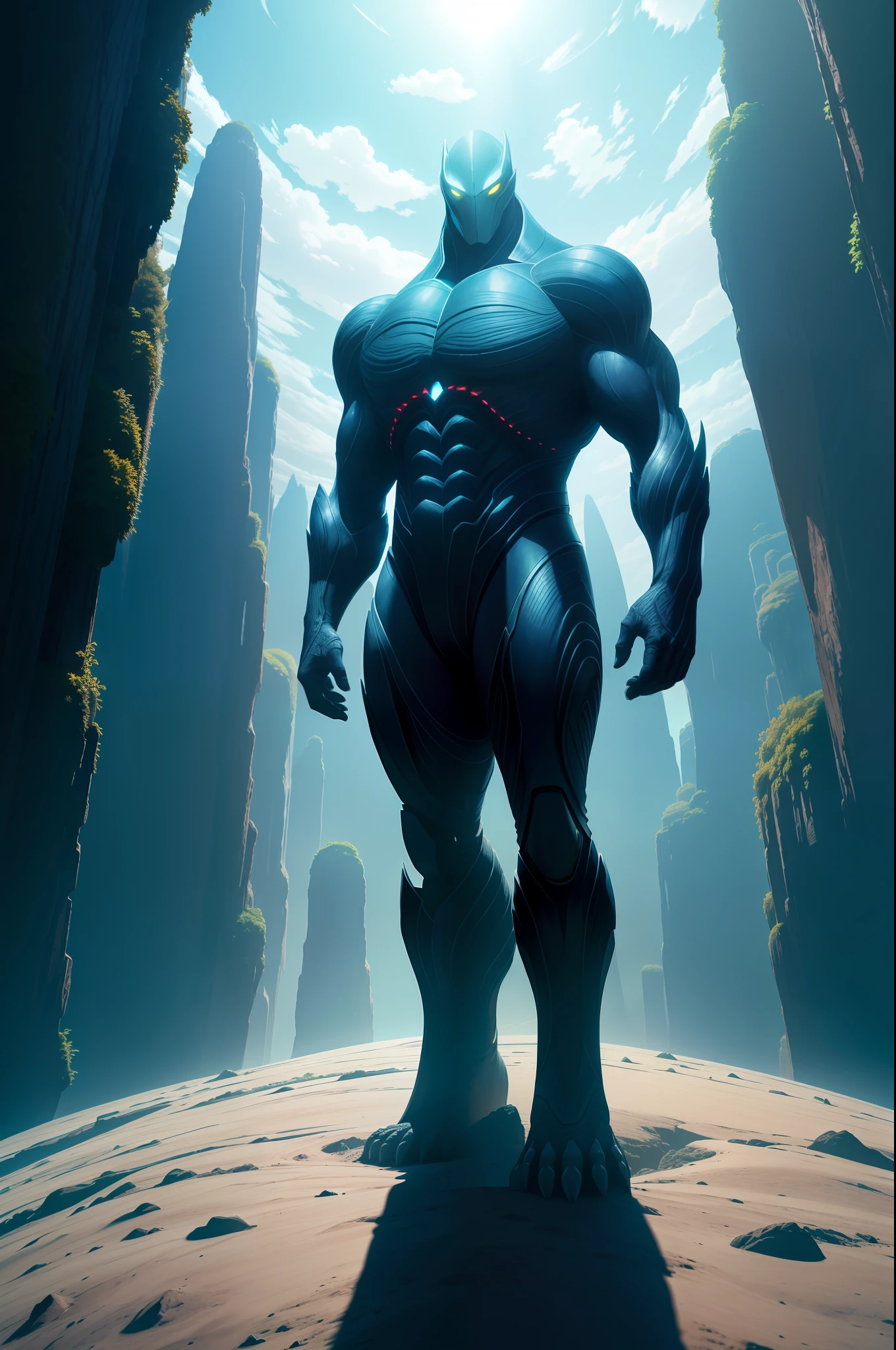 On a strange-looking giant alien creature, Handsome, As huge as the Earth, In the universe, Stand next to the earth, panorama, three sided view, feet out of frame, move chart, chiaroscuro, cinematic lighting, film grain, 360 view, UHD, masterpiece, ccurate, textured skin, super detail, high quality, 8k