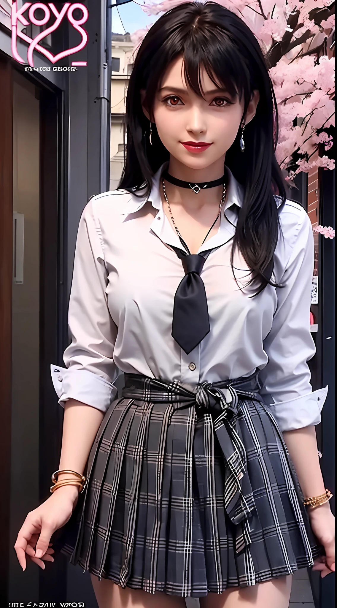masterpiece, best quality, full body, 1girl, bangs, black choker, black necktie, blonde hair, blue skirt, blush, bracelet, breasts, choker, clothes around waist, collarbone, collared shirt, cowboy shot, dress shirt, ear piercing, eyebrows visible through hair, gradient hair, grin, gyaru, jewelry, kogal, long hair, looking at viewer, loose necktie, necktie, piercing, plaid, plaid skirt, pleated skirt, red eyes, ring, school uniform, shirt, skirt, smile, solo, white shirt, street, sky, cherry blossoms, petals,illustration, (magazine:1.3), (cover-style:1.3), fashionable, woman, vibrant, outfit, posing, front, colorful, dynamic, background, elements, confident, expression, holding, statement, accessory, majestic, coiled, around, touch, scene, text, cover, bold, attention-grabbing, title, stylish, font, catchy, headline, larger, striking, modern, trendy, focus, fashion,