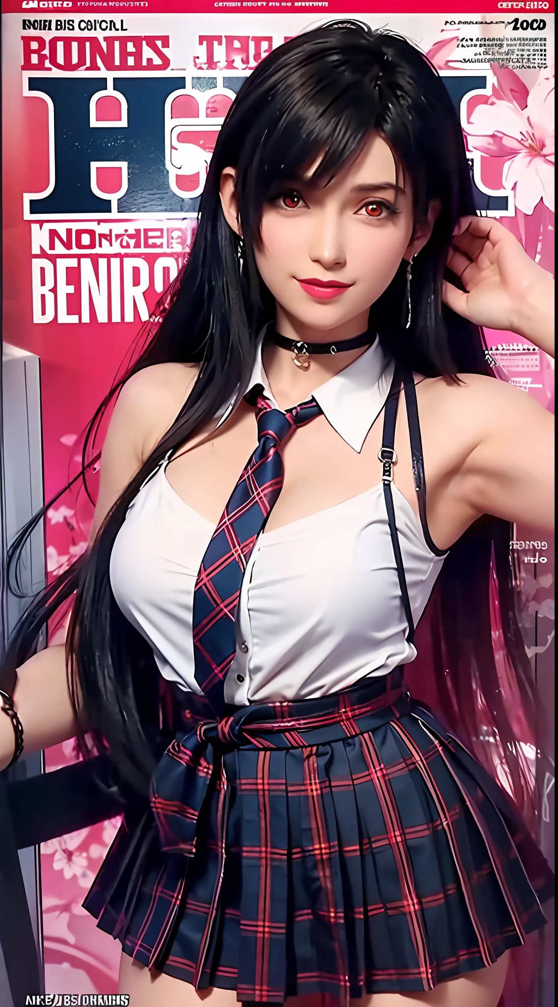 masterpiece, best quality, full body, 1girl, bangs, black choker, black necktie, blonde hair, blue skirt, blush, bracelet, breasts, choker, clothes around waist, collarbone, collared shirt, cowboy shot, dress shirt, ear piercing, eyebrows visible through hair, gradient hair, grin, gyaru, jewelry, kogal, long hair, looking at viewer, loose necktie, necktie, piercing, plaid, plaid skirt, pleated skirt, red eyes, ring, school uniform, shirt, skirt, smile, solo, white shirt, street, sky, cherry blossoms, petals,illustration, (magazine:1.3), (cover-style:1.3), fashionable, woman, vibrant, outfit, posing, front, colorful, dynamic, background, elements, confident, expression, holding, statement, accessory, majestic, coiled, around, touch, scene, text, cover, bold, attention-grabbing, title, stylish, font, catchy, headline, larger, striking, modern, trendy, focus, fashion,