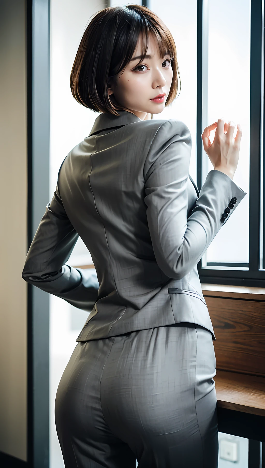 (Best quality, 8k, 32k, Masterpiece, UHD:1.2), 1girl, beautiy Japanese woman, narrow waist, grey suit, open jacket, office lady, suit, pants, from behind, office room, desk, (stick out one's buttocks:1.2), detailed face, short hair,