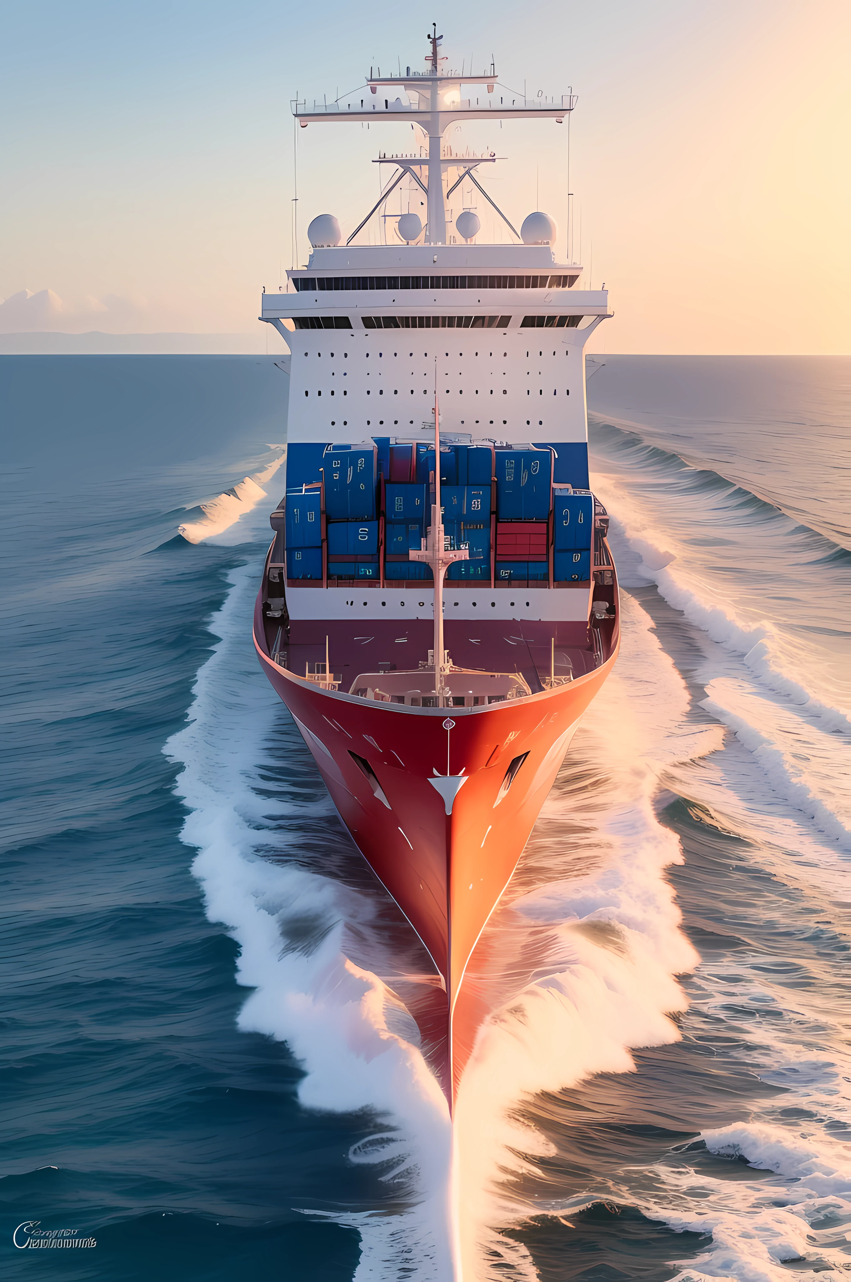 Cargo ship photos, 8k ultra high definition, high qulity, the sea, the sunset, motionblur, Deep blur, Movie image 4k, 8k, George Miller's crazy Max style, Ultra-high realism, natural soft light, A high resolution, soft shade, Original bright colors, Depth blur, vague background, bokeh, dynamic blur。