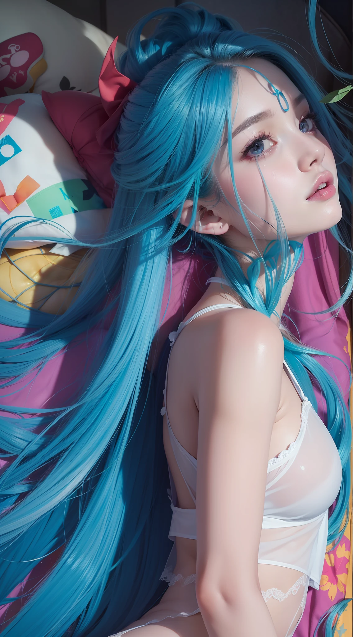(8k, RAW photos, best quality, masterpiece:1.2), yjnn, 1girl, 3 d, asian, bangs, bare_shoulders, bow, bra, breasts, black_eyes, black_hair, cleavage, grey_background, lips, long_hair, short_sleeves, looking_at_viewer, huge_ breasts, navel, nose, off_shoulder, open_clothes, open_shirt, panties, real, camisole, solo, stomach, undergarment, undressing, upper_body, light blue_bra, light blue_panties, light blue_shirt, shiny skin, beautiful delicate face, beautiful delicate eyes, (real, Photo Realistic: 1), Lying in bed ((Realistic lighting, top quality, 8K, Masterpiece: 1.3)), Clear focus: 1.2, 1 girl, Perfect Body Beauty: 1.4, Slim Abs: 1.1, ((Dark Brown Hair, Big: 1.3)), (Wearing Ultra Thin Red Lace Underwear: 1.4, Gray Stockings: 1.2), Ultra fine face, narrow eyes, double eyelids, Lying in bed. [(Top Quality, Masterpiece, Intricate Details: 1.3):0.2], Real and Detailed Skin, POV Perspective, Viewer, (From Top: 1.2), (On the Bed), ((Lying in Bed: 1.2)), 1 Girl, (Korean Mixed, Kpop Idol), White Skin, (Scary, Crying, Tears: 1.25), (Slender Body: 1.2), (Colossal)))), (Maid, Light Lingerie, Naked:1.2), navel (cleavage: 1.12), buttocks sticking out, ((see-through lingerie)), (((pink pillows and sheets)), (body portrait), (((breast closeup)))