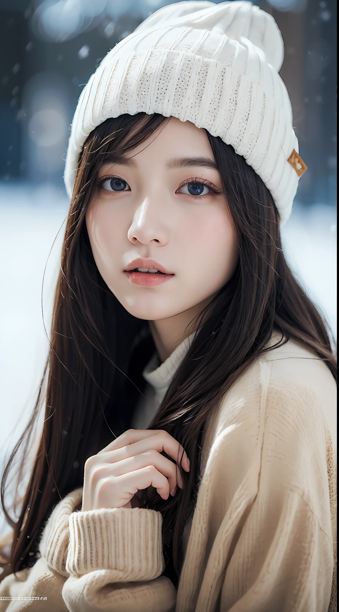 ulzzang-6500-v1.1, (raw photo:1.2), (photorealistic:1.4), beautiful detailed girl, very detailed eyes and face, beautiful detailed eyes, ridiculous, incredibly ridiculous, huge file size, super detailed, high resolution, very detailed, best quality, masterpiece, kemomimi, ((Japanese girls' the Winterswear and Beanie)), illustration, very detailed, CG, unified, 8k wallpaper, amazing, Fine details, masterpiece, best quality, very detailed CG uniform 8k wallpaper, light on face, cinematic lighting, 1girl, 16 years old, ((dynamic pose)), winter background with snow,