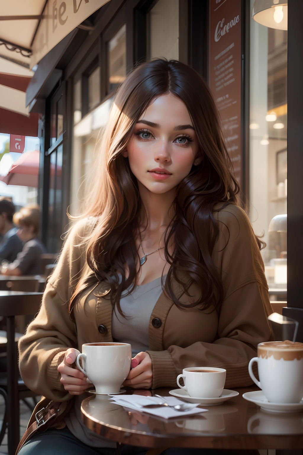 brunette realistic beatiful girl in the caffe drinking coffe