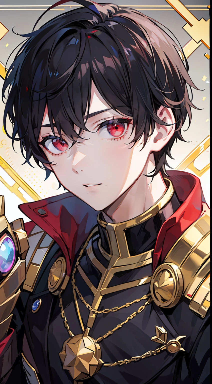 Young guy, short black hair, The eyes are red, Royal Uniform, The Infinity Gauntlet, Masterpiece, hiquality