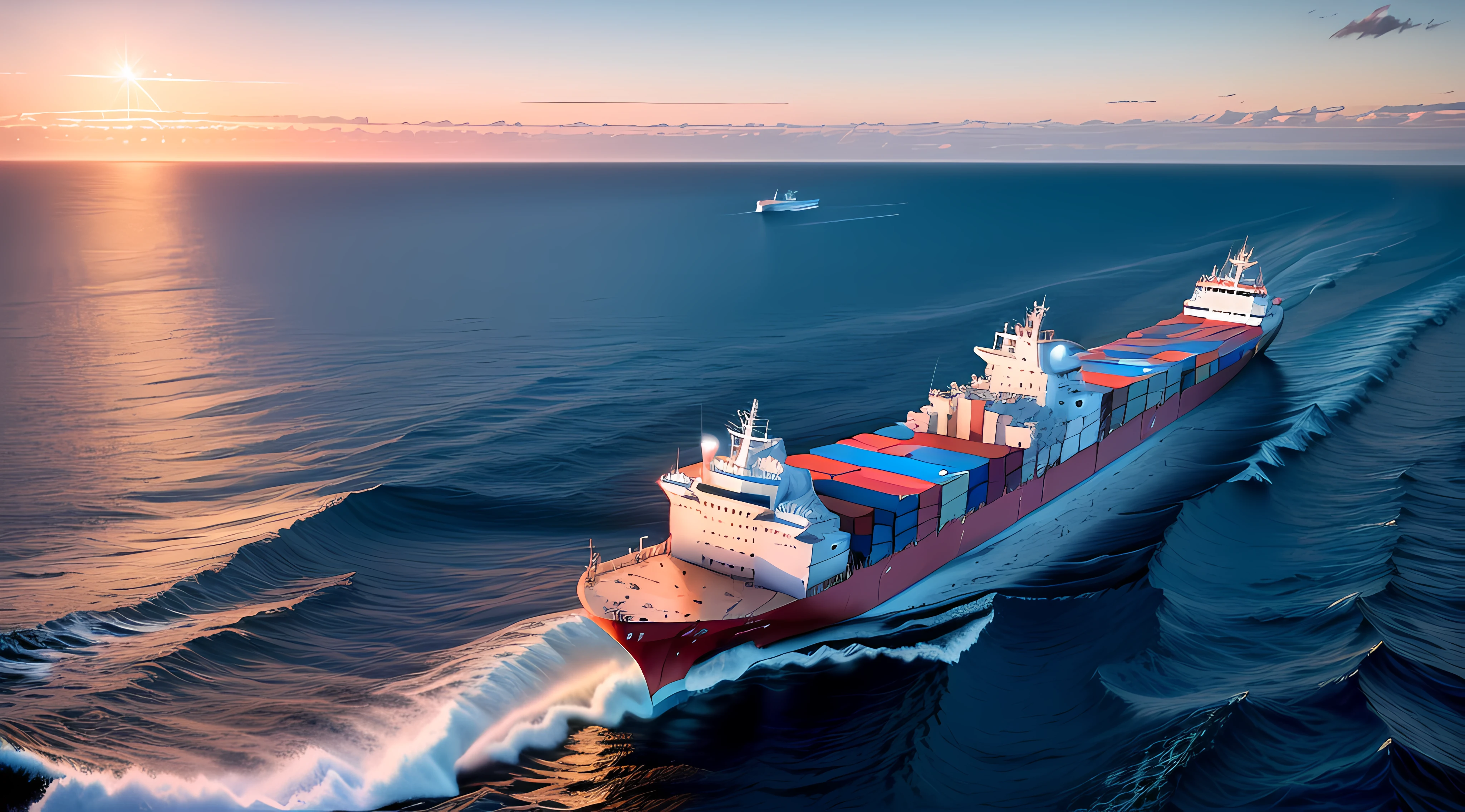 Alafed cargo ship in the sunset sea, container ship, ship at sea, utilitarian cargo ship, Ship, Close portrait, photo shot, maritime, on the ocean, author：Richard Carlin, author：Kurt Roesch, wide portrait, 3840 x 2160, 3840 x 2160, photo still of