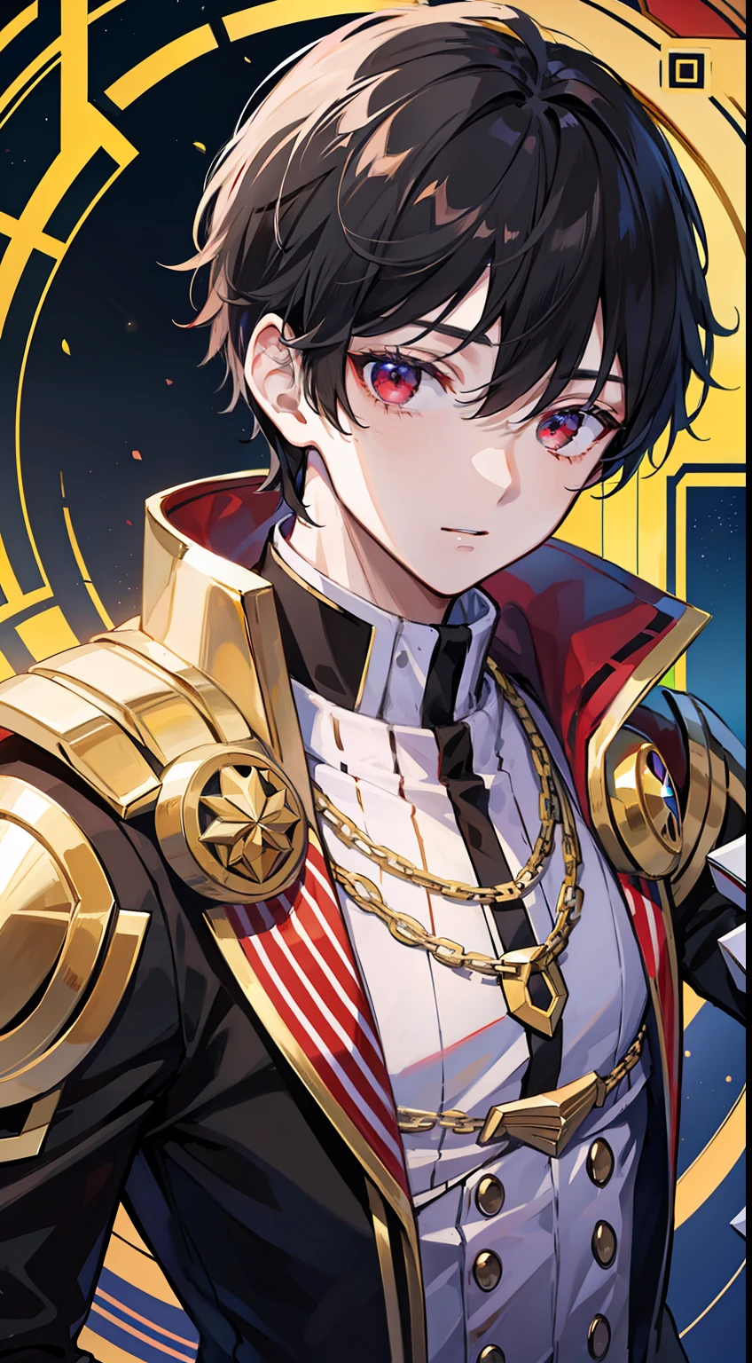 Young guy, short black hair, The eyes are red, Royal Uniform, The Infinity Gauntlet, Masterpiece, hiquality