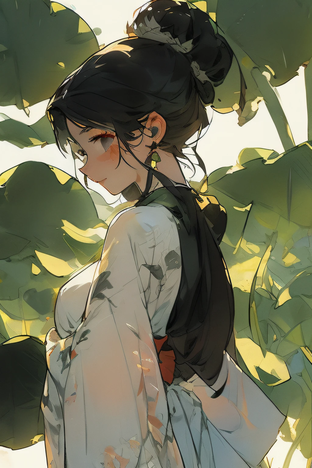 ancient chinese beauti,wearing ancient Chinese costume,Flowing tulle,Light silk,Lazy posture,Holding a lotus leaf in his hand,Ink painting style,clean color,Decisive cut,Leave white space,impressionistic,tmasterpiece,ultra-detailliert,Epic composition, high qulity, HighestQuali, Gradient background,4K --v 6