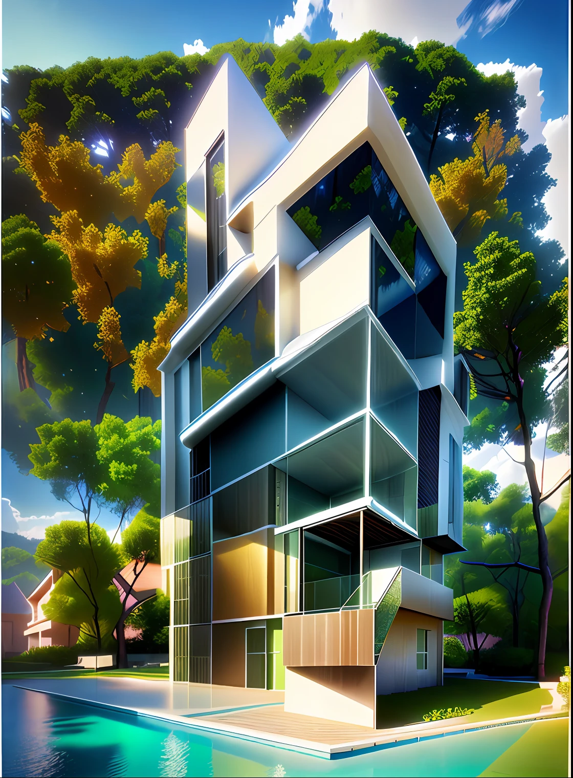 Outdoor renderings,Three-dimensional effects,3D,Renderer,real photograph,4K,Postmodern architecture,room lighting,Villas,Exquisite and perfect,Photographic photo,Surrounded by woods,Clear without blurring