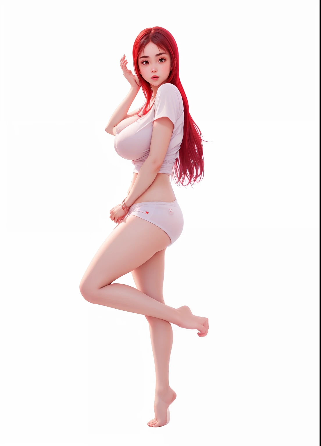 (best quality), big head, (1girl with gigantic breasts:1.3) in a short with tee shirt in nature