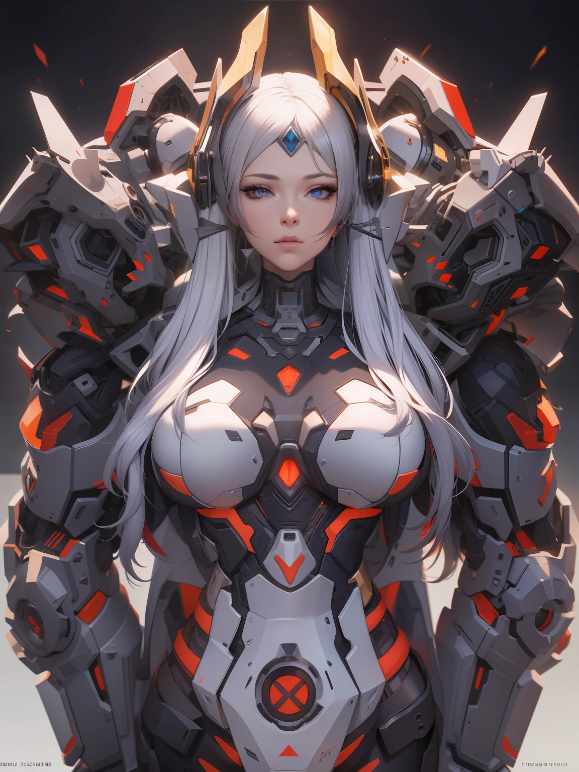 Exoskeleton mech，afofuturism，Gold and red theme style，offcial art，Unity 8k wallpaper，Hyper-detailing，Master masterpieces，，Best quality at best，A woman who is，（The is very detailed），（RAW photos，best qualtiy），（Realistis，realisticlying：1.3），High- sharpness，Open Your Mouth Lightly，Ultra detailed complex 3D rendering of the face，Mecha back，（highly detailedskin：1.2），），Beautiful Caucasian Woman，Soft breasts and fair skin ，Black color hair，eBlue eyes，long whitr hair，，dynamic angle，Mysterious expressions，fire glow effect，Fantasy background，edge lit，Side brightness，cinematric light，hyper HD，8K，filmgrain，Best shadow，light particules，detailed skin textures，Detailed jewel armor texture，detailed face with，with intricate detail，ultra - detailed，brightly，sturdy，Silver armor，，Slender abs， have glowing weapons，Mecha shield，pole，（Beautiful huge mech crown with details）），shinning eyes，long cape，fanciful,,,,,（Realistis），3D, A beautiful cyberpunk female image,hdr（HighDynamicRange）,Ray traching,NVIDIA RTX,Hyper-Resolution,Unreal 5,Subsurface scattering、PBR Texture、post-proces、Anisotropy Filtering、depth of fields、maximum definition and sharpness、Many-Layer Textures、Albedo e mapas Speculares、Surface coloring、Accurate simulation octane rendering of light-material interactions、Two-colored light、largeaperture、Low ISO、White balance、the rule of thirds、8K raw data、blackstockings