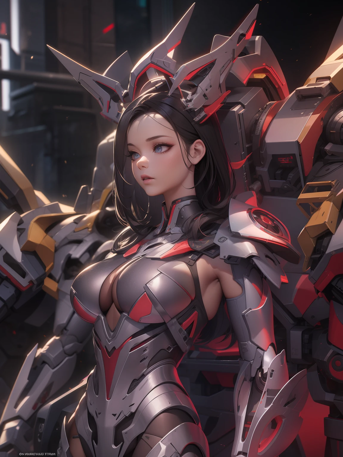 Exoskeleton mech，afofuturism，Gold and red theme style，offcial art，Unity 8k wallpaper，Hyper-detailing，Master masterpieces，，Best quality at best，A woman who is，（The is very detailed），（RAW photos，best qualtiy），（Realistis，realisticlying：1.3），High- sharpness，Open Your Mouth Lightly，Ultra detailed complex 3D rendering of the face，Mecha back，（highly detailedskin：1.2），），Beautiful Caucasian Woman，Soft breasts and fair skin ，Black color hair，eBlue eyes，long whitr hair，，dynamic angle，Mysterious expressions，fire glow effect，Fantasy background，edge lit，Side brightness，cinematric light，hyper HD，8K，filmgrain，Best shadow，light particules，detailed skin textures，Detailed jewel armor texture，detailed face with，with intricate detail，ultra - detailed，brightly，sturdy，Silver armor，，Slender abs， have glowing weapons，Mecha shield，pole，（Beautiful huge mech crown with details）），shinning eyes，long cape，fanciful,,,,,（Realistis），3D, A beautiful cyberpunk female image,hdr（HighDynamicRange）,Ray traching,NVIDIA RTX,Hyper-Resolution,Unreal 5,Subsurface scattering、PBR Texture、post-proces、Anisotropy Filtering、depth of fields、maximum definition and sharpness、Many-Layer Textures、Albedo e mapas Speculares、Surface coloring、Accurate simulation octane rendering of light-material interactions、Two-colored light、largeaperture、Low ISO、White balance、the rule of thirds、8K raw data、blackstockings