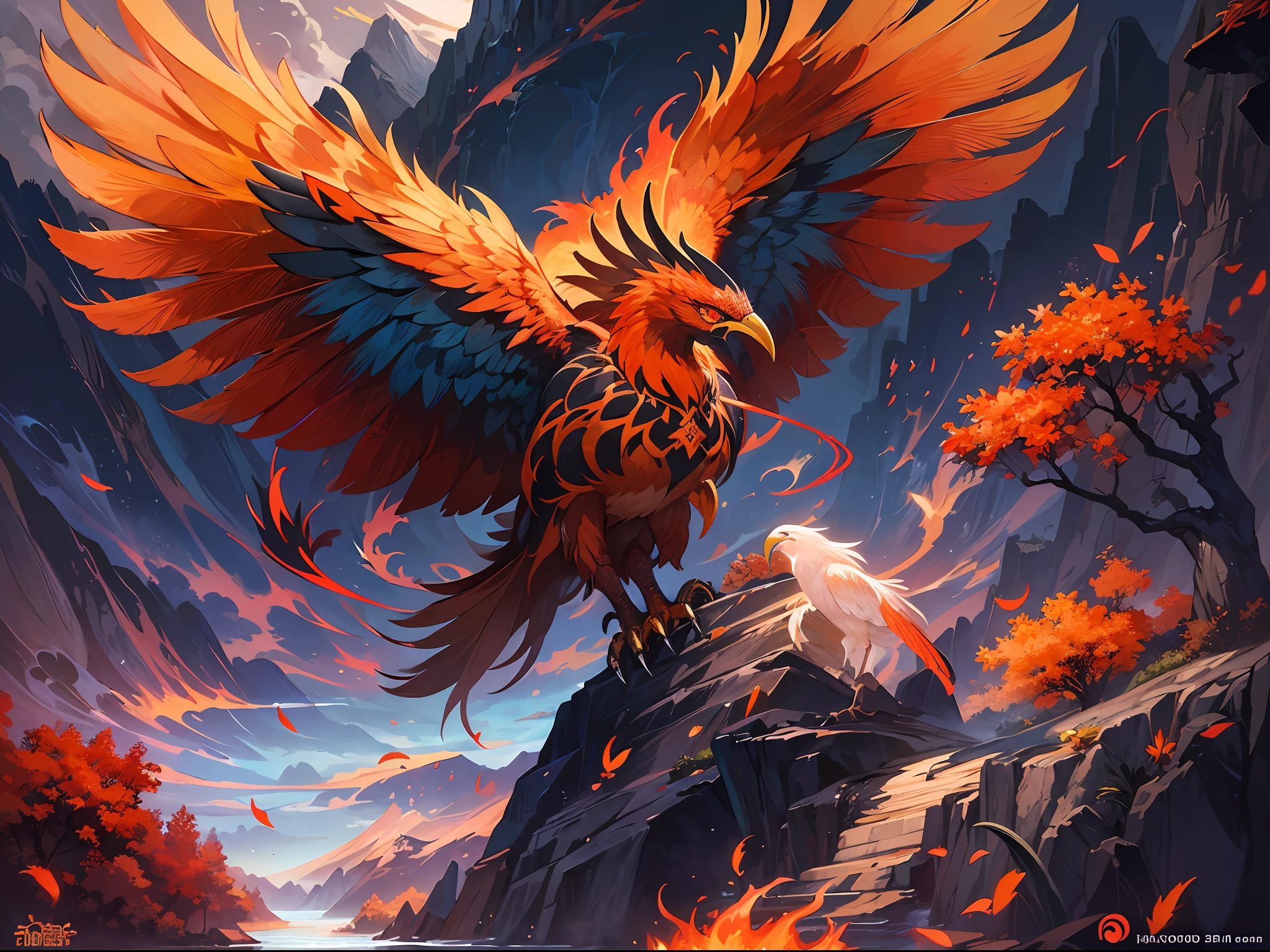 2.5d anime illustration, digital concept art style with extremely beautiful art, tonal contrast, rich colors, intricately detailed illustration, legendary creature, yin-yang path, sharp beak, sharp claws, glowing eyes, fiery feathers, one big bird, mysterious and fantastic atmosphere, summer, mountains, rivers,