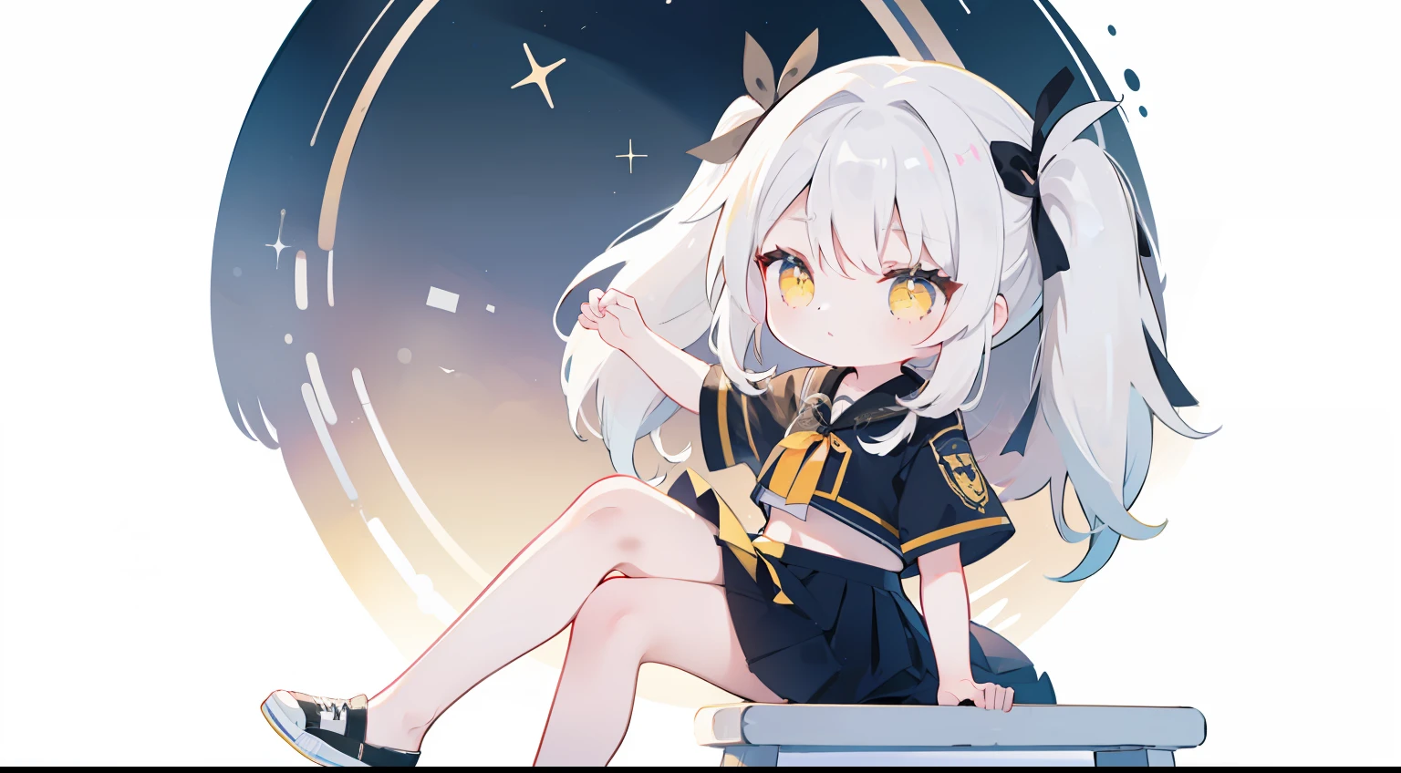 One Girl、Chibi、Physical education sitting、Angle from the side、white  hair、Half Twin Tail、yellow  eyes、​masterpiece、top-quality、Top image quality、Long skirt、pleatedskirt、Solid color background、gradient background、stele、black ribbon on the head