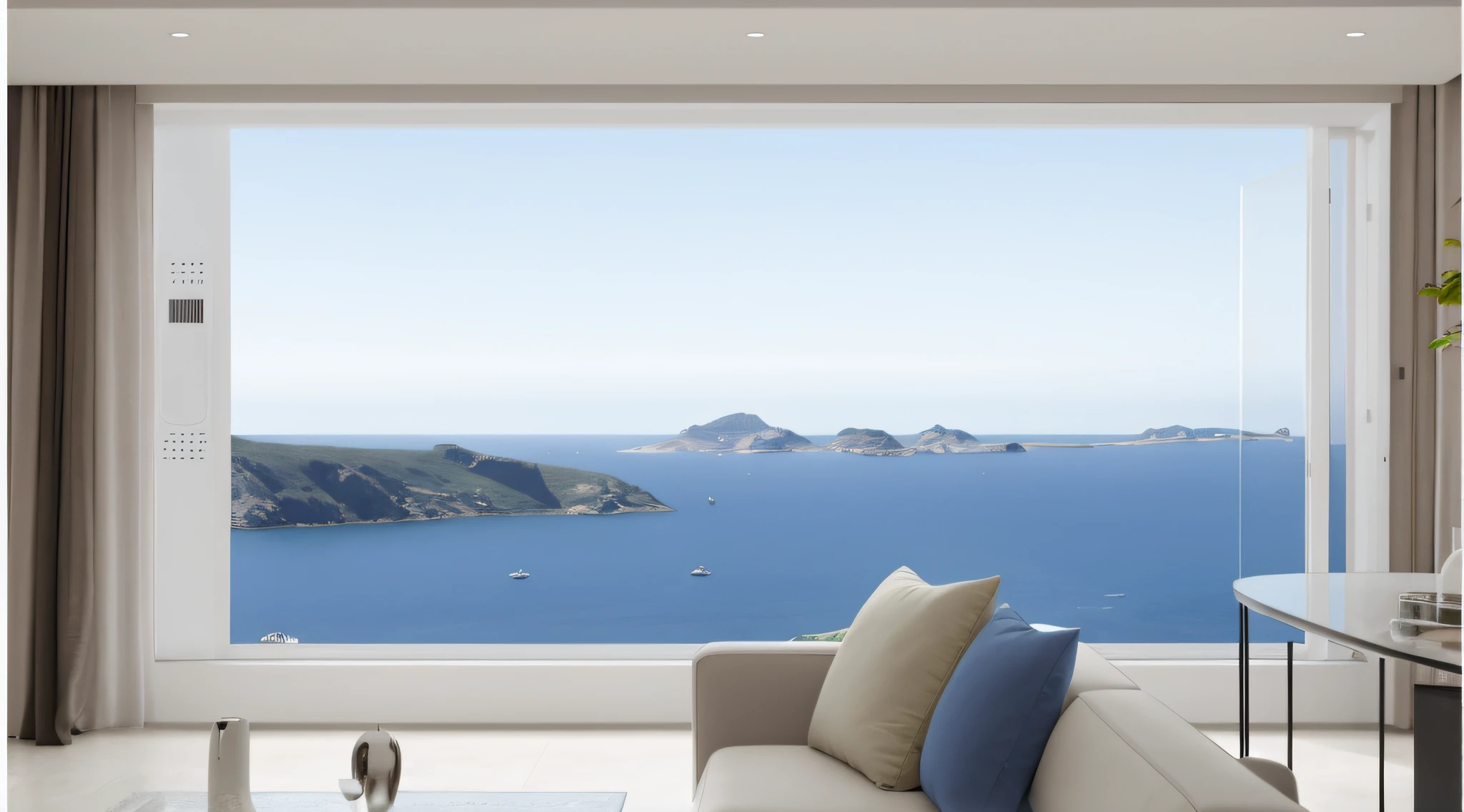 View of Aalfed from the living room with sofa and table, seaview, mediterranean vista, stunning view, beautful view, stunning vista, breath-taking rendering, expansive view, seaview, Vista view, detailed surroundings, window view, Amazing view, seaview, epic view, expansive cinematic view, View, hyperrealistic rendering, Landscape view, high render