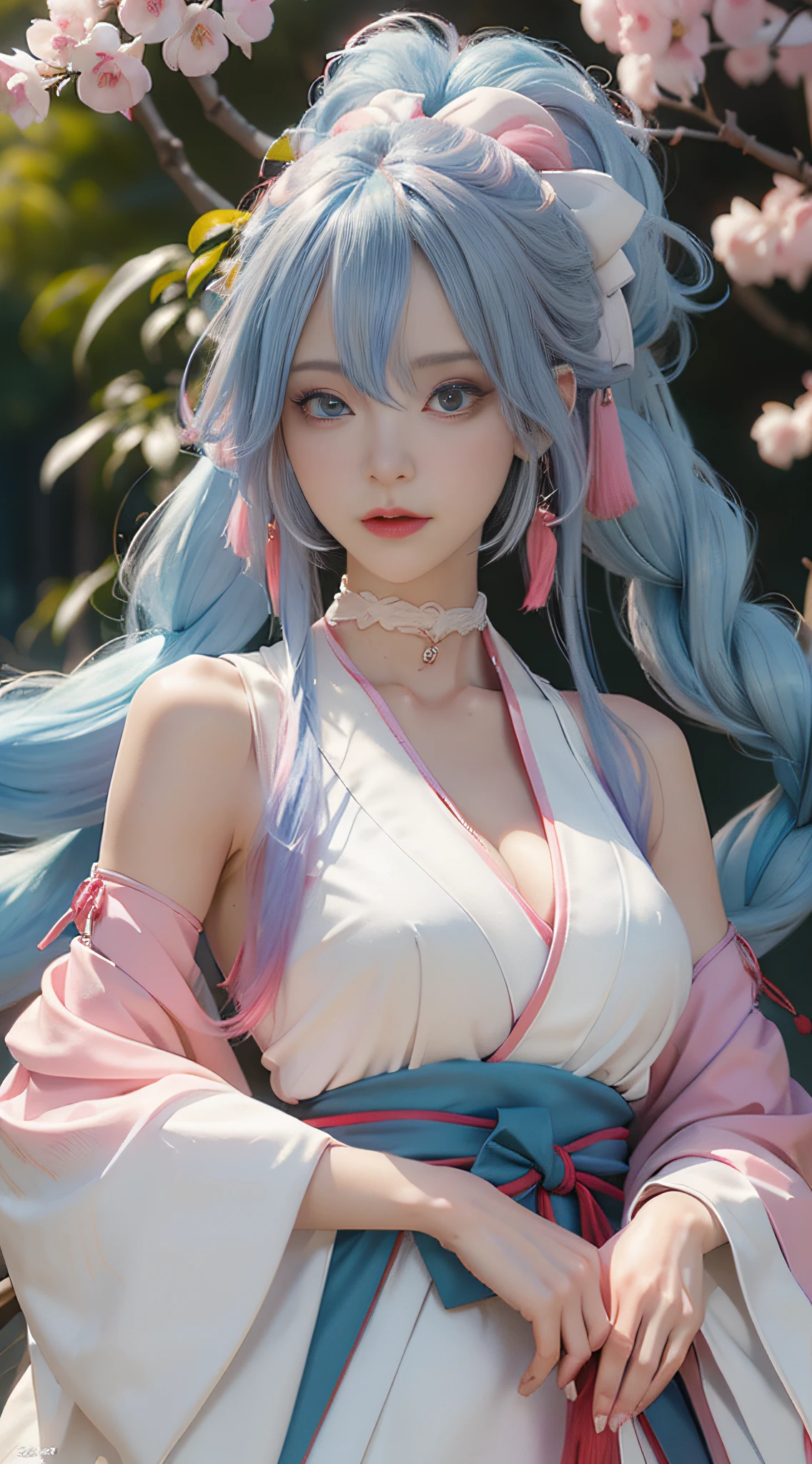 Anime girl with white hair, Blue eyes and red umbrella，White-haired god，Kushat Krenz key art feminization，Onmyoji detailed art，onmyoji portrait，best anime 4k Konachang wallpapers，Detailed digital anime art，Anime goddess，High detail official artwork，detailed anime art，onmyoji，portrait of a female anime hero，long leges，chibiStyle，loli face，The beauty of the cold is touching，(((colorfulhair)))，((half blue, half pink hair))，(Perfect eye painting)，eyes with brightness，choker necklace，耳Nipple Ring，Delicate mouth，Delicate nose，Delicate makeup，Braided ponytail hair，Red lips，(Purple eyes)。perfect body figure，(Streamer Girl)，Yellow T-shirt，Delicate tassels，expressioness，Ribbons，is shy，Efeito de Luz，downy，white backgrounid，Ultra-clear，HD picture，full-body portraits，frontage，having fun，（Hand held fan），the cherry trees