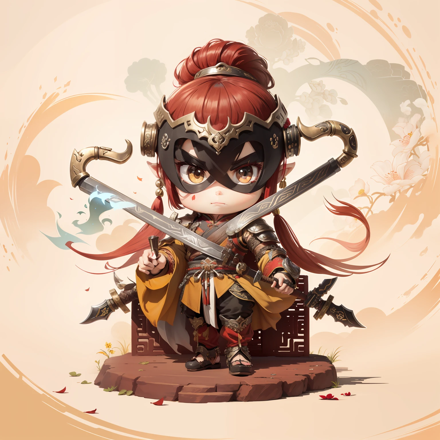 male people,Male characters,tchibi,Bad,Arms,Double hook weapon,Ancient Chinese weapons: Crescent hook,The handle has a delicate pattern,Shoulder blades,metal breastplate,chainmail,Animal pattern cuirass,chest plate,Bracers,Flowing hem,China-style,Chinese-style clothing,Chinese shoes,There are beautiful patterns on the weapon grips,Refinement,Fine painting,Refinement,infinite details,high definition detail,Patterned,Pattern,Blank background,Bright colors,Metal edging