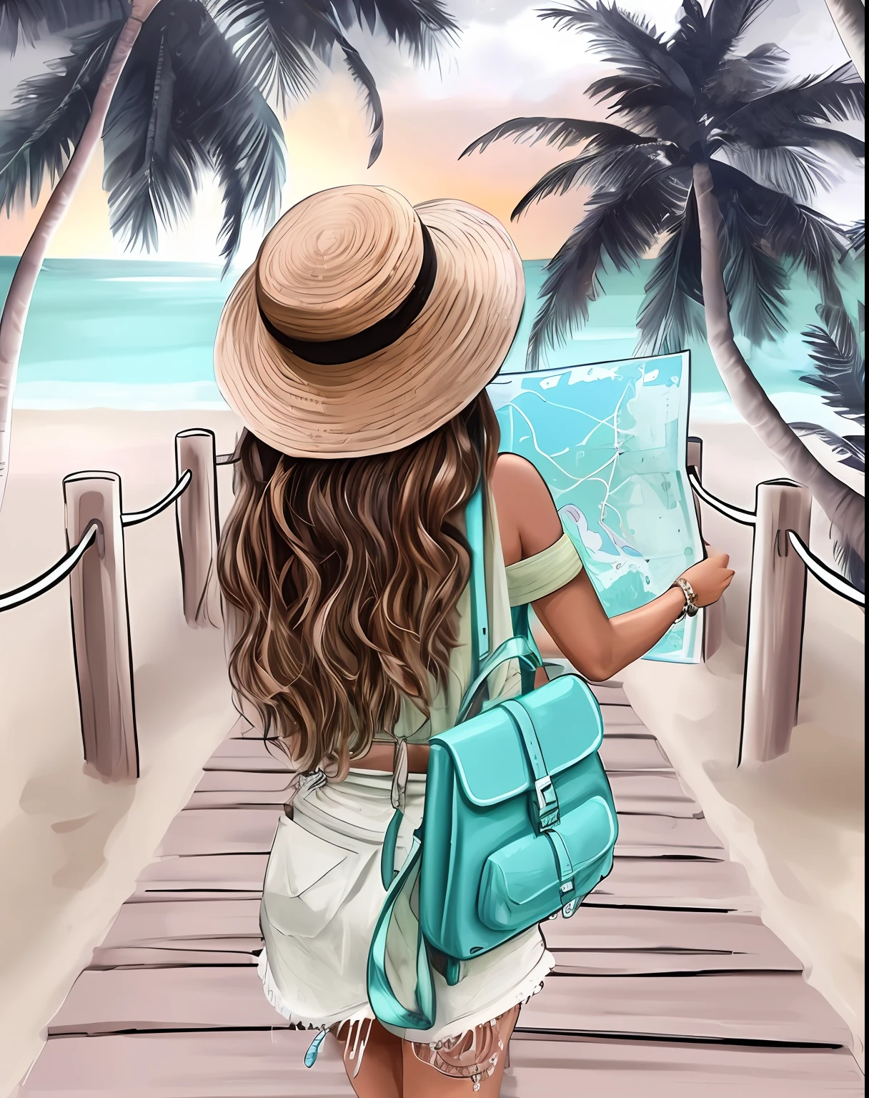 A woman with a backpack and a map walks along a boardwalk, Deusa da viagem, viajante, imagem de arte digital, stylized digital illustration, viajante, Artistic illustration, em uma praia tropical, detailed digital illustration, menina na praia, vacation, in illustration style digital, Viagem e Aventura, Grande arte digital com detalhes, arte digital detalhada, 🚿🗝📝