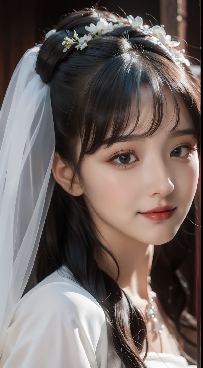 Beautiful bride, red wedding dress, delicate facial features close-up, shy, waiting to be married, fat body, full body photo, gentle eyes, no eye bags, light makeup