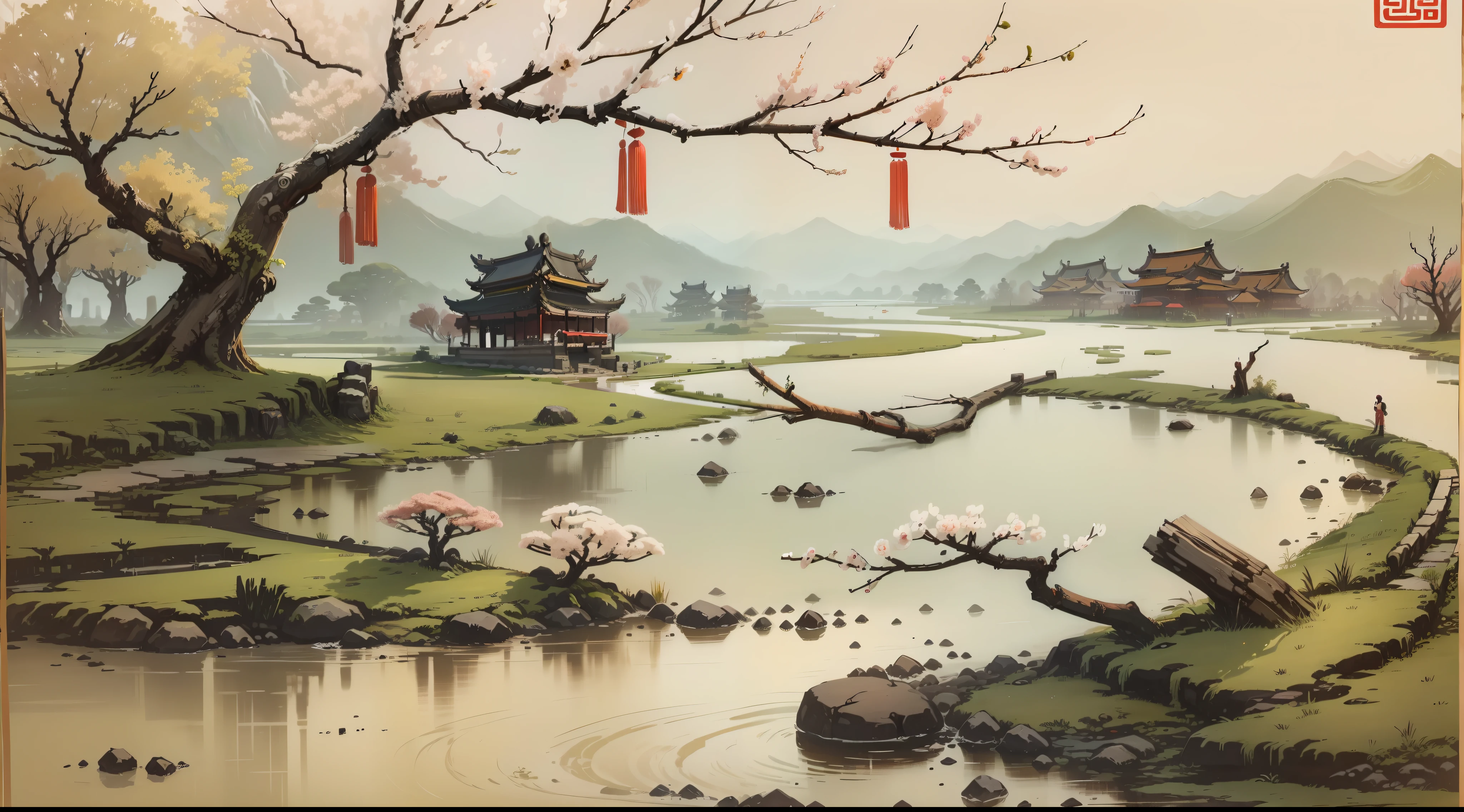 Spring,Chinese Ancient Times,Chinese Tang Dynasty,A touch of desolation, A touch of life,Five Creeks,Moon,nigth
