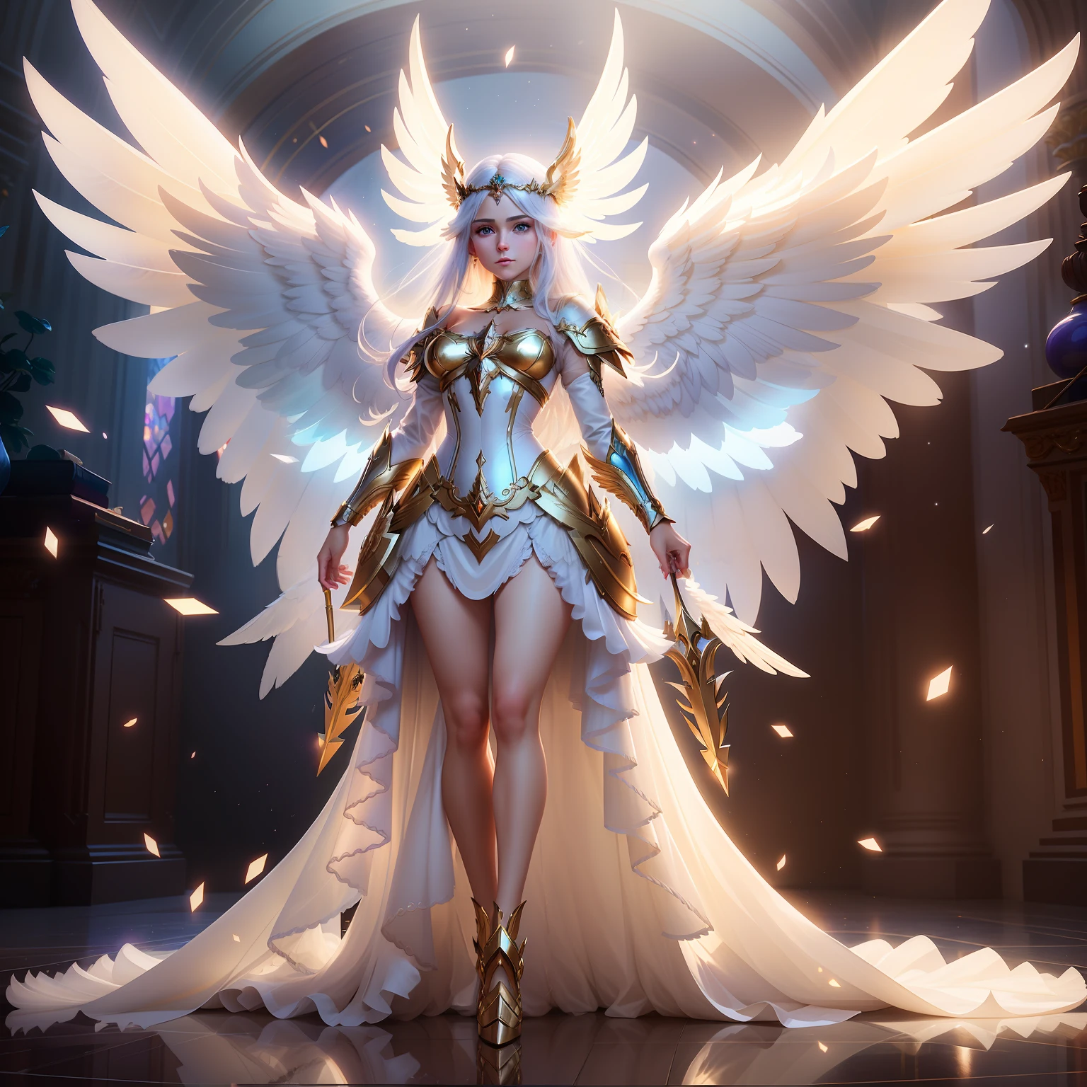 Woman in winged white dress standing in room, full - body majestic angel, angel knight girl, as a mystical valkyrie, ArtGerm on ArtStation Pixiv, Concept art | ArtGerm, ig model | ArtGerm, anime goddess, by Yang J, of beautiful angel, very detailed Artgerm, mystical valkyrie