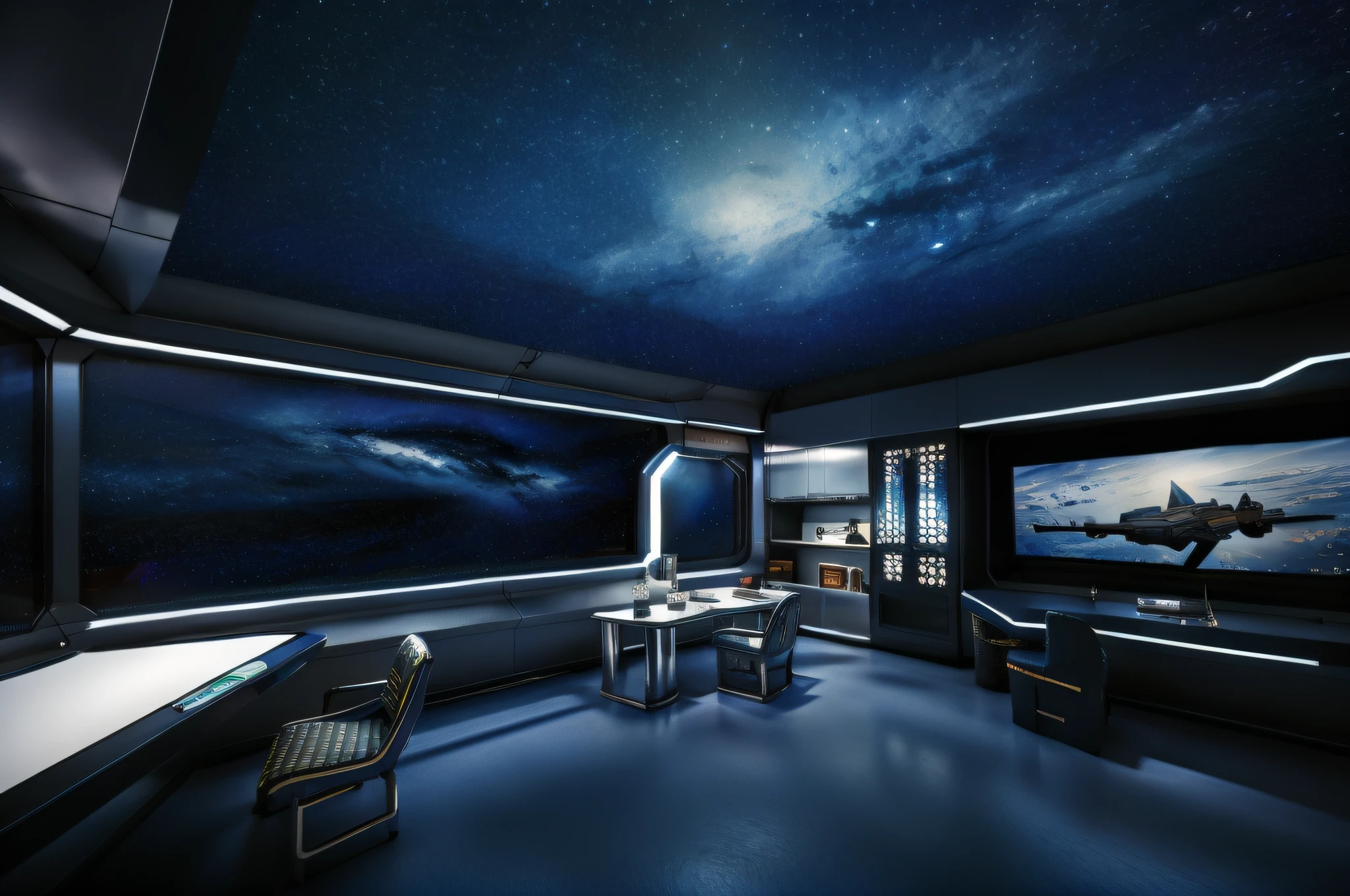Inside the space station room in the universe,in a panoramic view,wide angles,extreme hight detail,inside in room,Space capsule,Tech panel screens and glass,Outside the glass is a view of the starry sky,a desk,a chair,interior setting,metal floor,janelas,dining room,metal gate,lamplight。